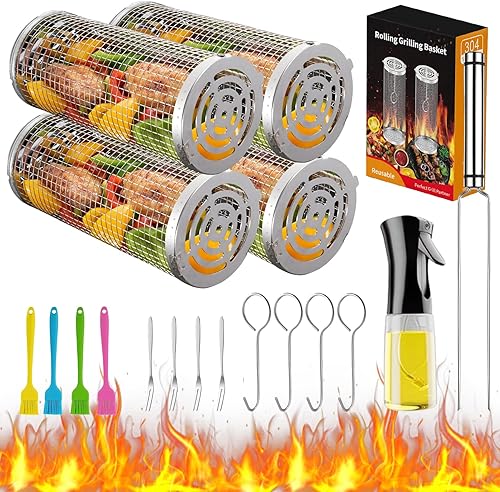 Miniatura 1 de Cestas de parrilla rodantes para parrilla al aire libre, barbacoa, parrilla de acero inoxidable, accesorios de parrilla de barbacoa, cesta redonda