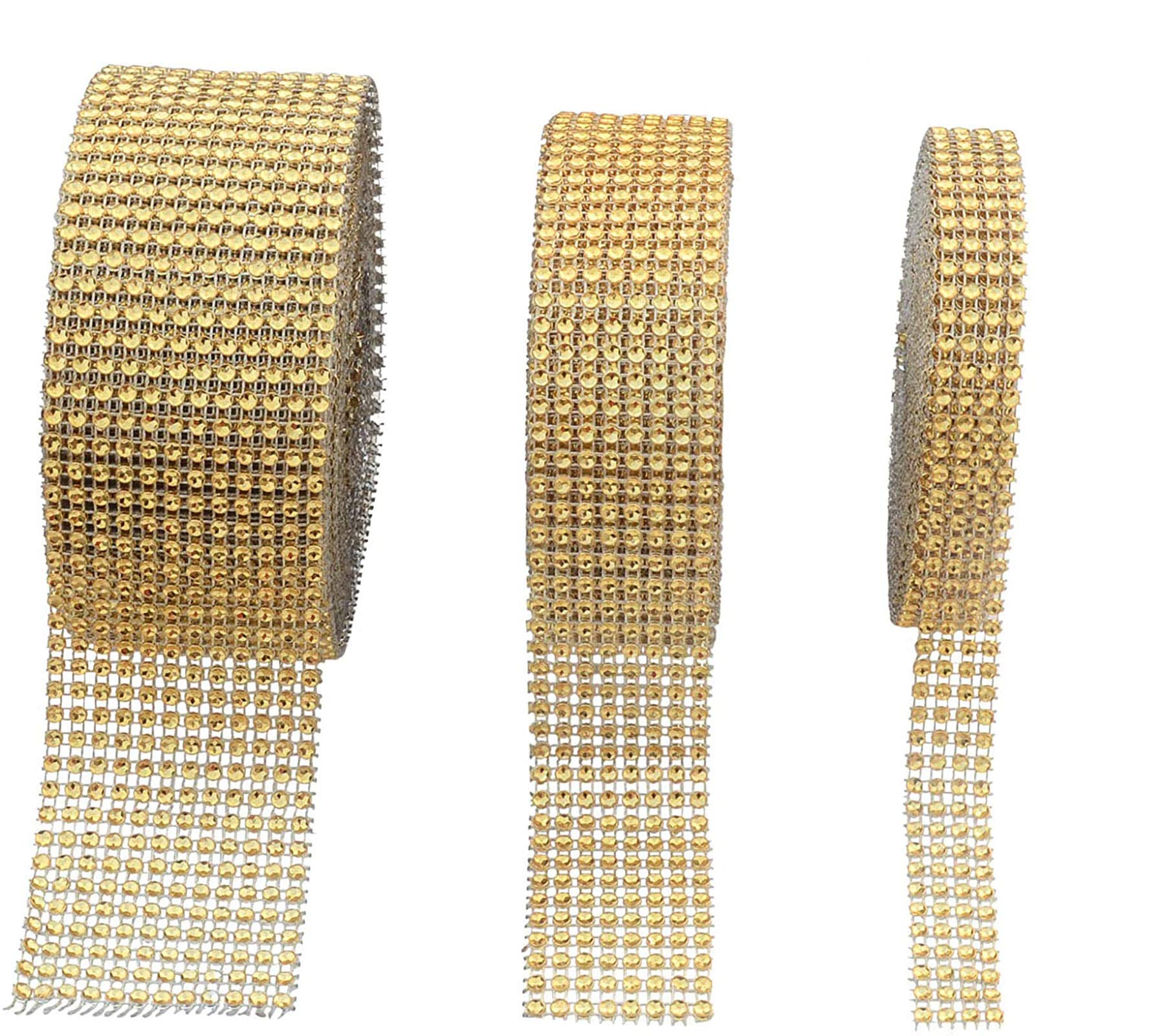 Acrylic Rhinestone Diamond Ribbon for Wedding Cakes, Birthday Decorations, Baby Shower Events,Party Supplies, Arts Rhinestones for Crafts (Gold, 4Row+8Row+12Row)