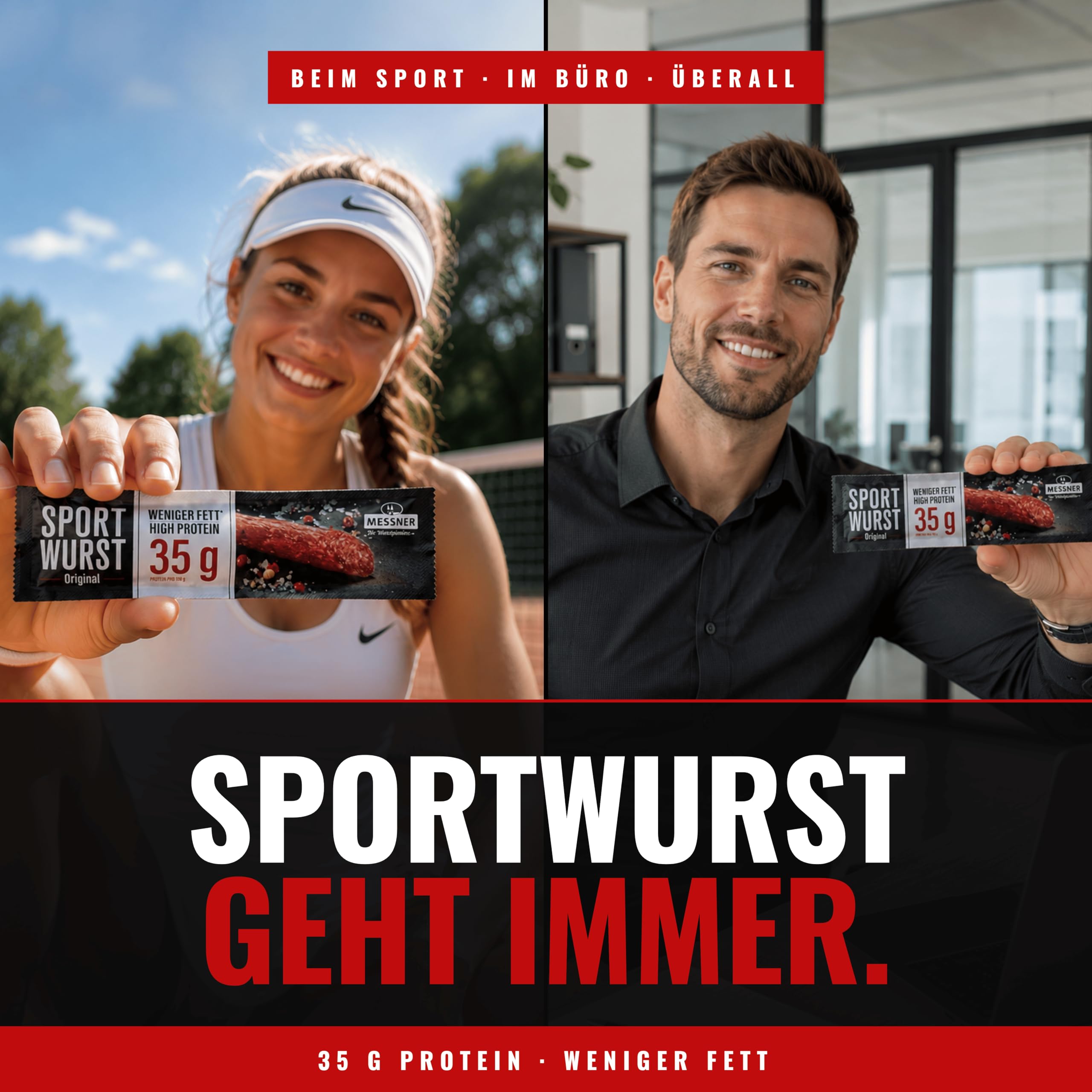 Messner Sportwurst 25x25g (625g) mit 35% Eiweiß und mind. 30% weniger Fett – Pork Snack, Saftig-fleischiger Biss, Zuckerarm – Herzhafte Alternative zu Pork Jerky, Salami Sticks & Protein Bar