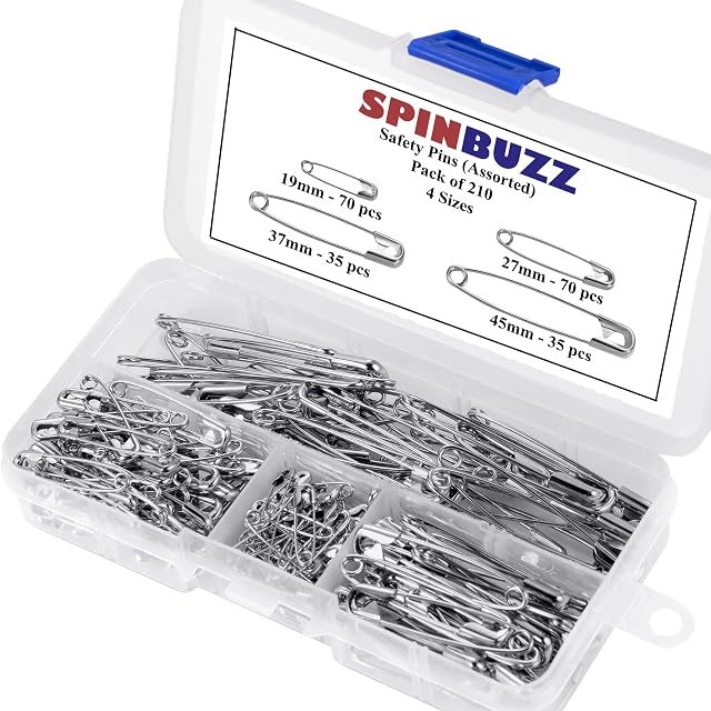 SPINBUZZ Safety Pins 4 Sizes Pack of 210 Nickle Plated Rust Resistant Steel Strong Quality Pins For Clothing, Arts & Crafts, Sewing and Pinning