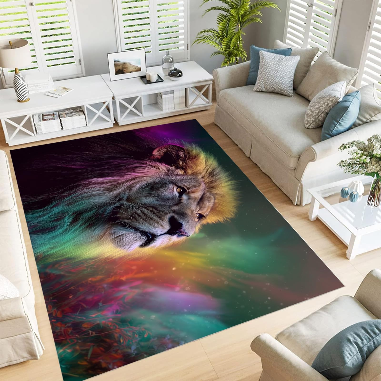 Tapis turquoise 160x230cm ciel étoilé lion lavable pour salon