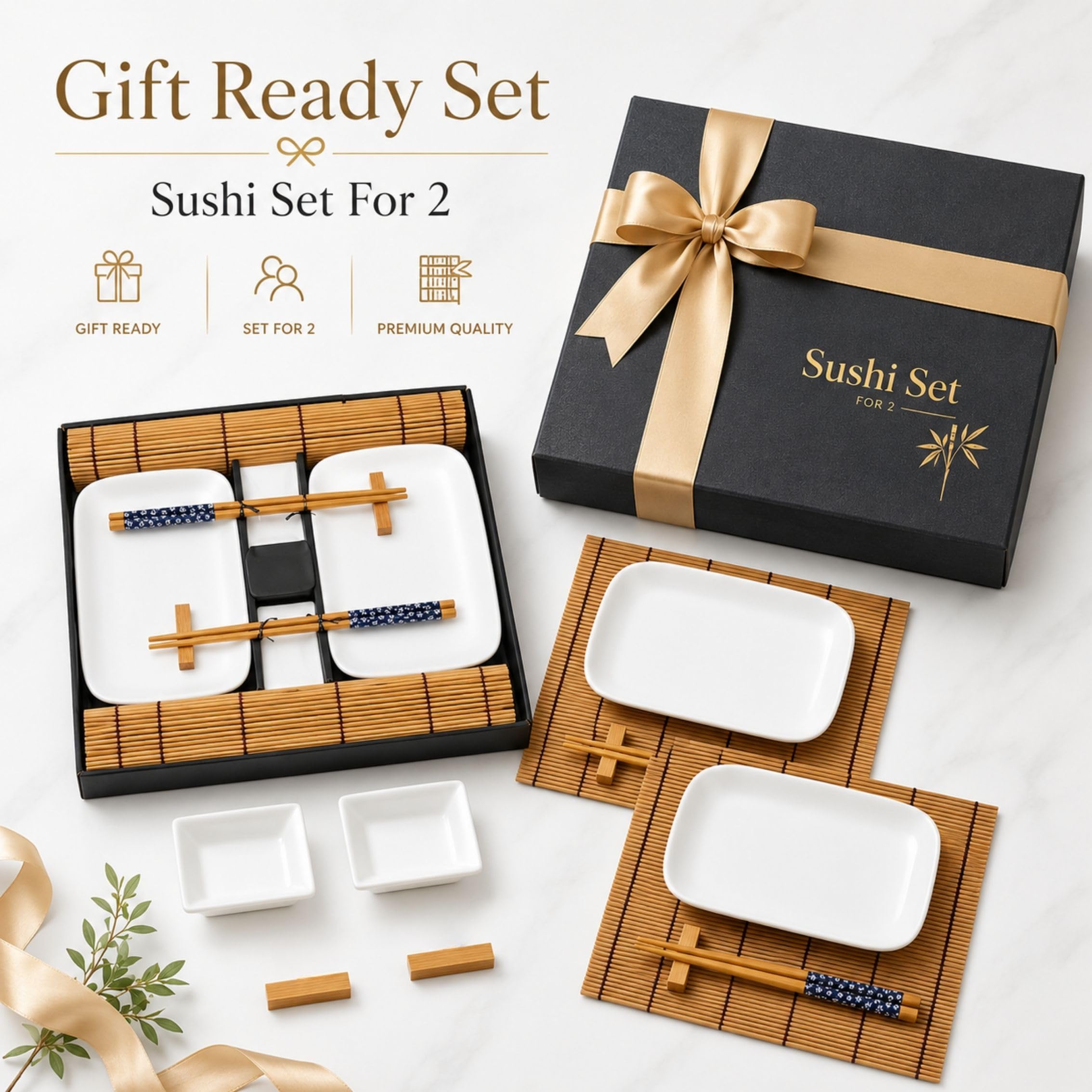Exzact Set Sushi Stile Orientale – 10 Pezzi: 2 Piatti Sushi, 2 Vassoi per Salsa, 2 Stuoie di Bambù, 2 Coppie di Bacchette in Bambù