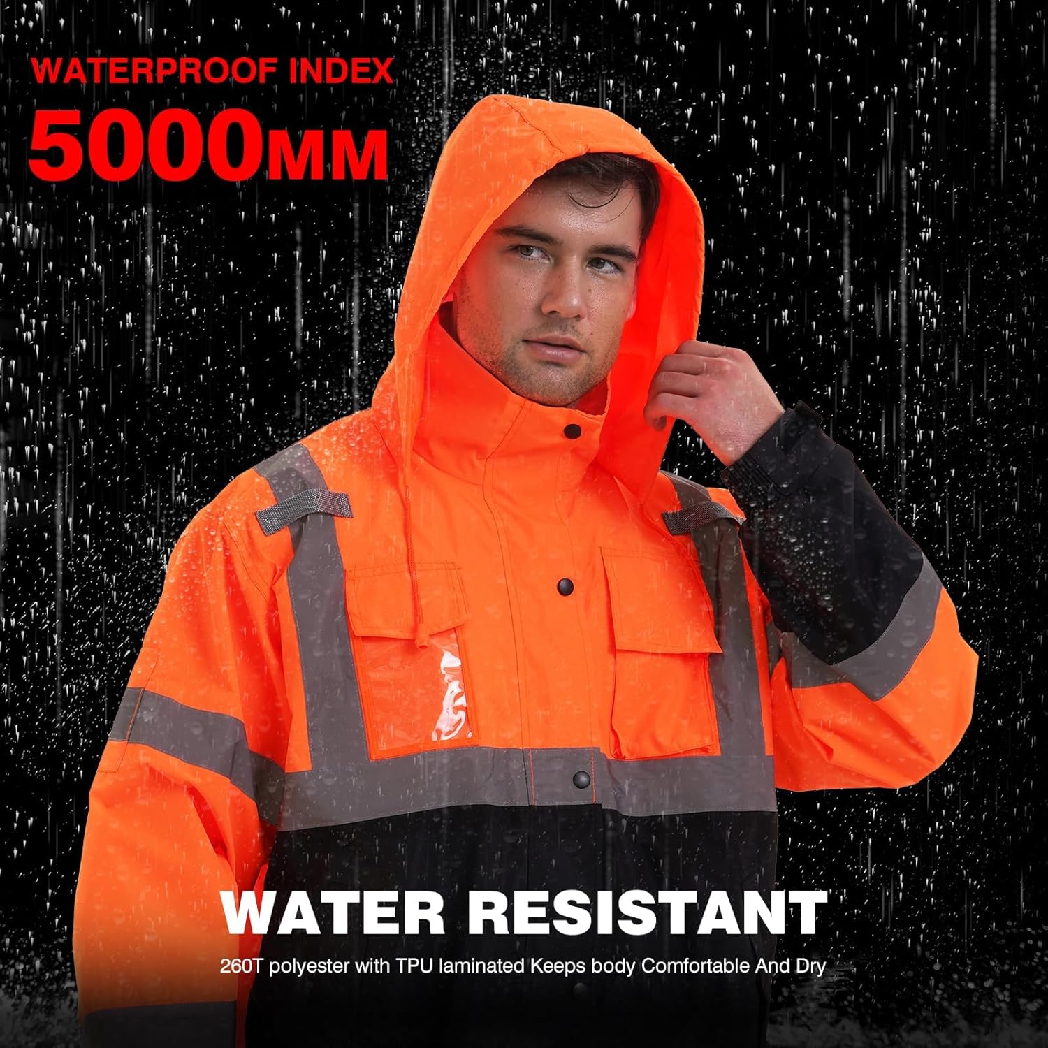 SKSAFETY Hi Vis Safety Rain Jacket for Men, Construction Work Rain Gear Heavy Duty Class 3 Rain Coat Waterproof Lightweight - Image 2