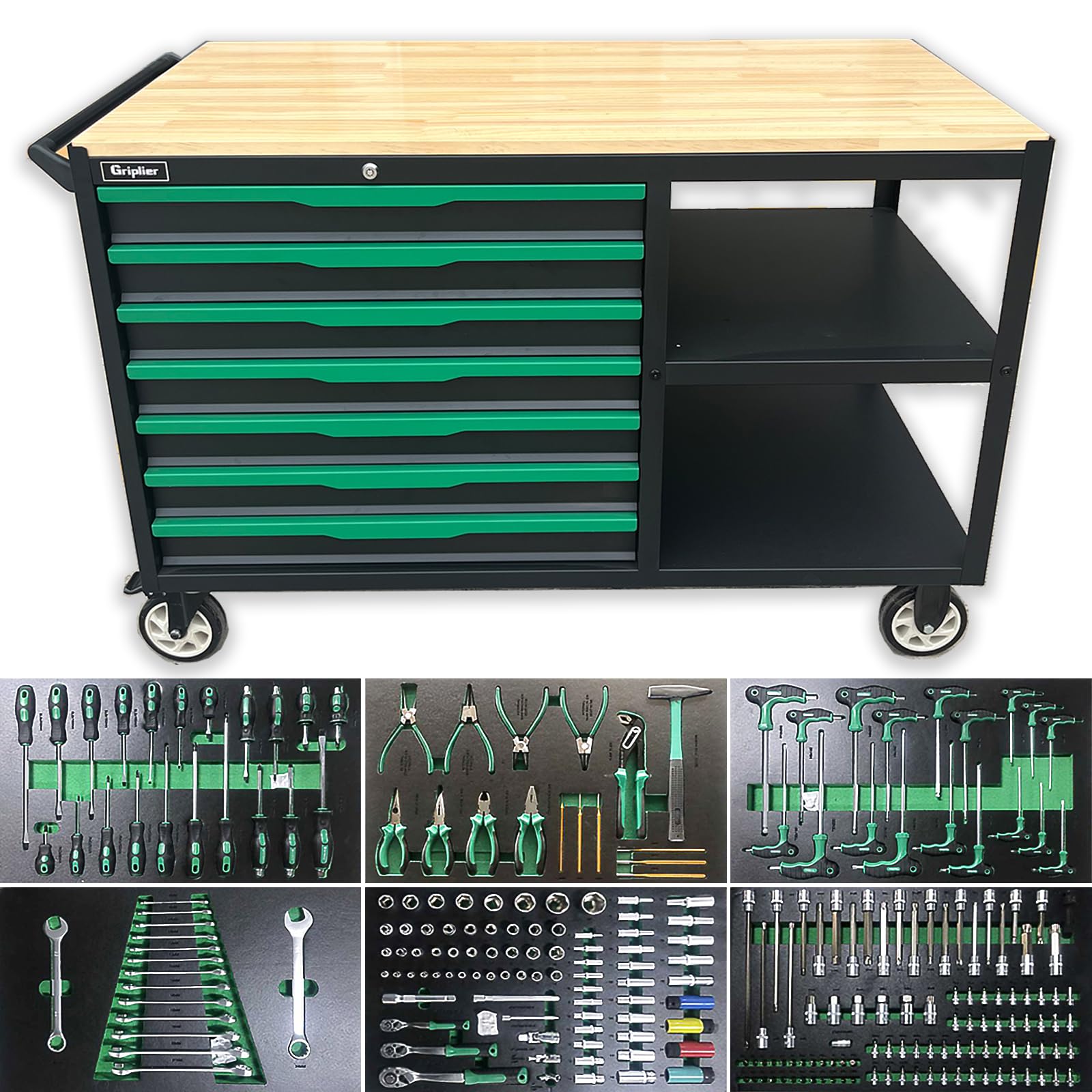 Rollender 7-Schubladen-Werkstattwagen mit Doppelregalen, Holz-Arbeitsplatte, für Garage, Werkstatt oder Außeneinsatz, 300 kg Tragfähigkeit (7 Schubladen mit 258 Werkzeugteilen)