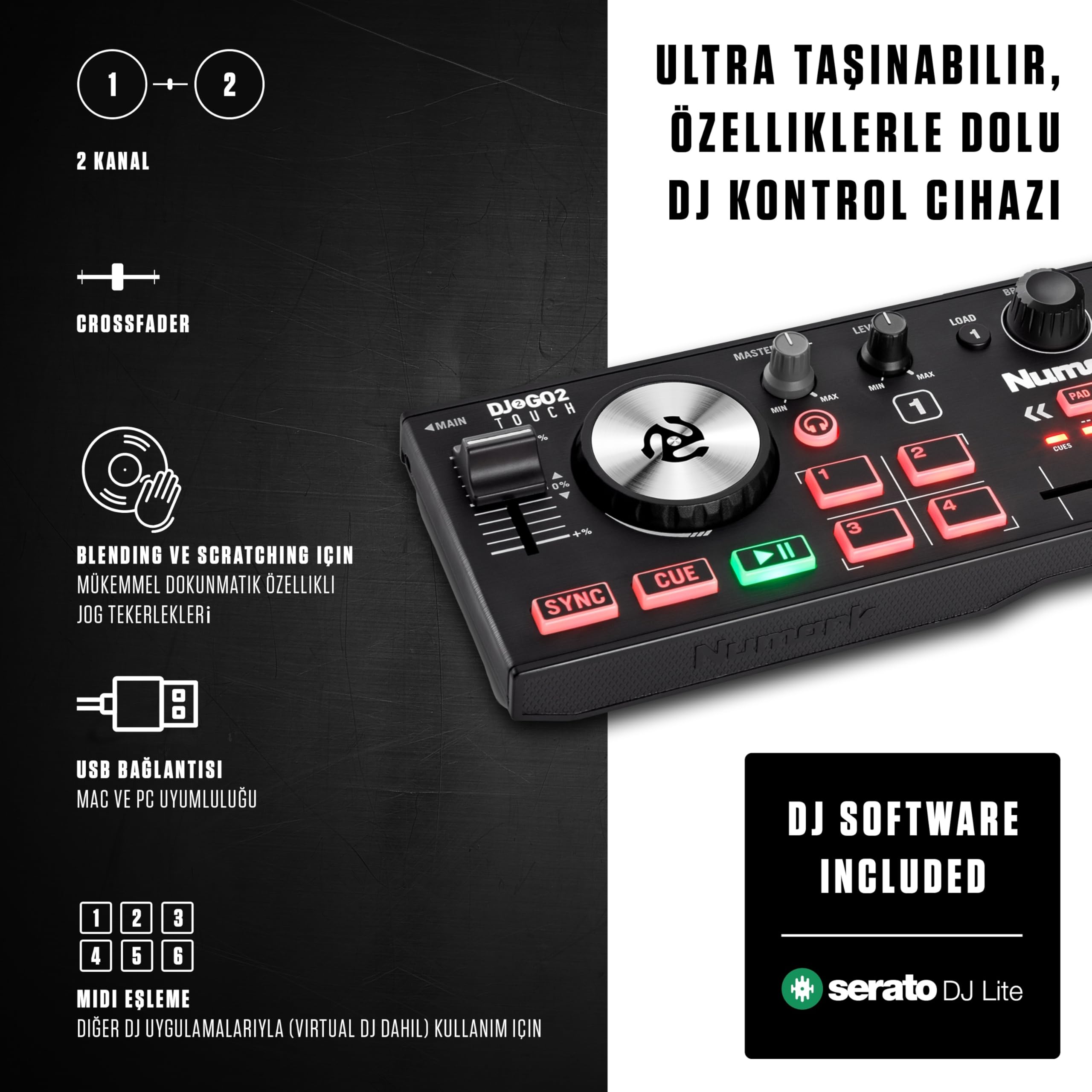 Numark DJ2GO2 Touch Kompakt DJ Kontrolör | Taşınabilir, 2 Deck, DJ