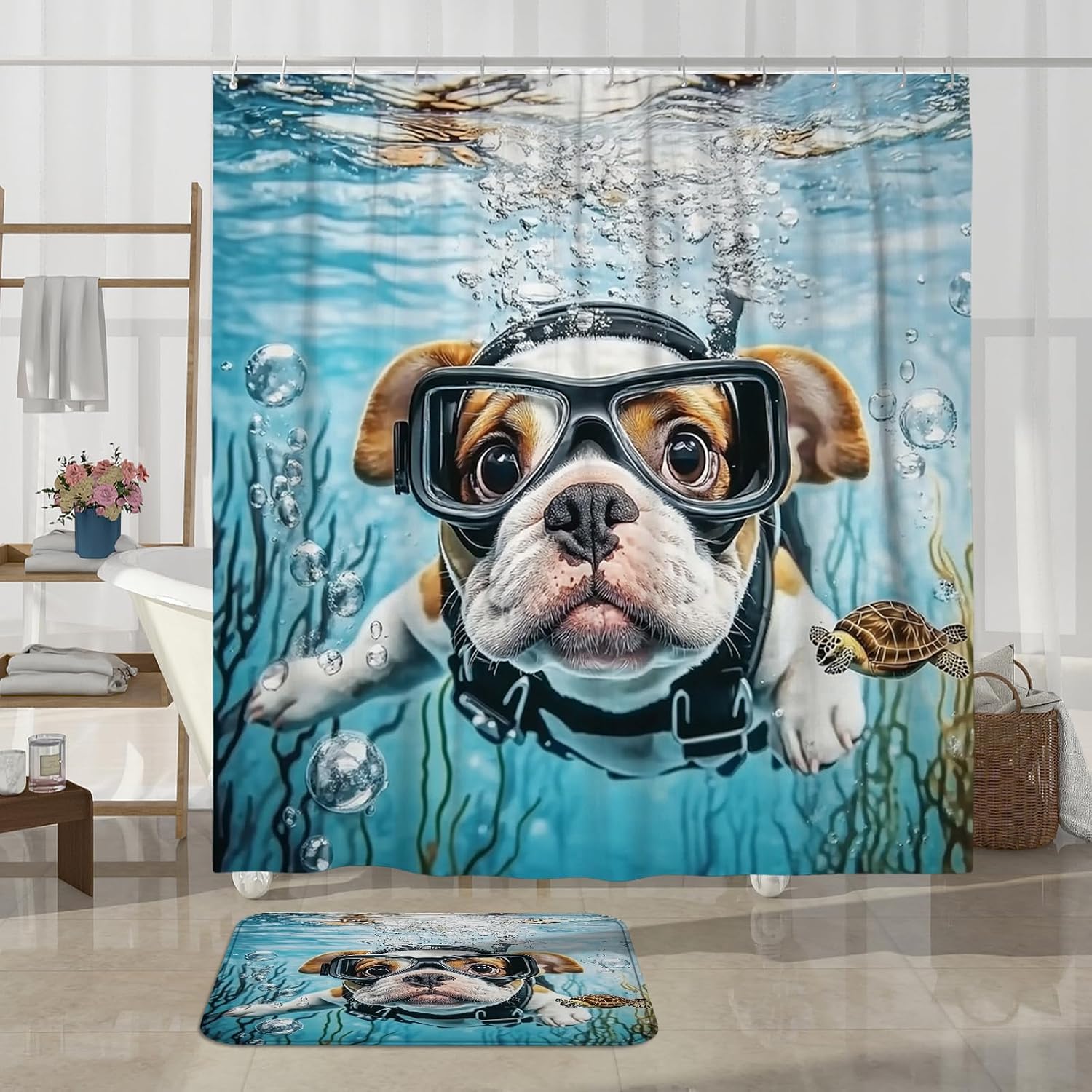 4PCS Spring Bulldog Dog Bathroom Accessory Sets with Non-Slip Rug, U Shape and Toilet Lid Cover Mat, Funny Puppy Kids Ocean Cartoon Bathroom Decorative-72''x72''