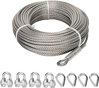 1/2" Stainless Steel Cable 25FT, 7x19 Strands Wire Rope, 23000 lbs Breaking Strength, Stainless Steel Wire Rope with M12 Clips Clamp and Thimbles for Dock, Boat Lift Cable, Winch Cable