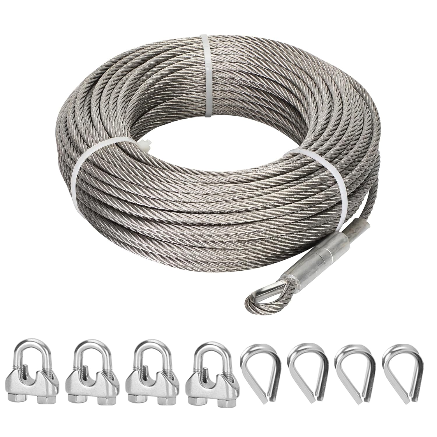 1/2" Stainless Steel Cable 100FT, 7x19 Strands Wire Rope Cable, 23000 lbs Breaking Strength, Stainless Steel Wire with M12 Clips Clamp and Thimbles for Dock, Boat Lift Cable, Winch Cable