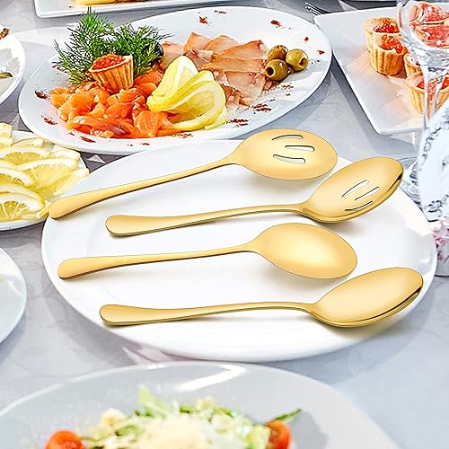 Miniatura 6 de LIANYU Juego de 9 utensilios grandes dorados para servir, 9.8 pulgadas, acero inoxidable, para bufé, banquete, catering, cucharas de servir, juego