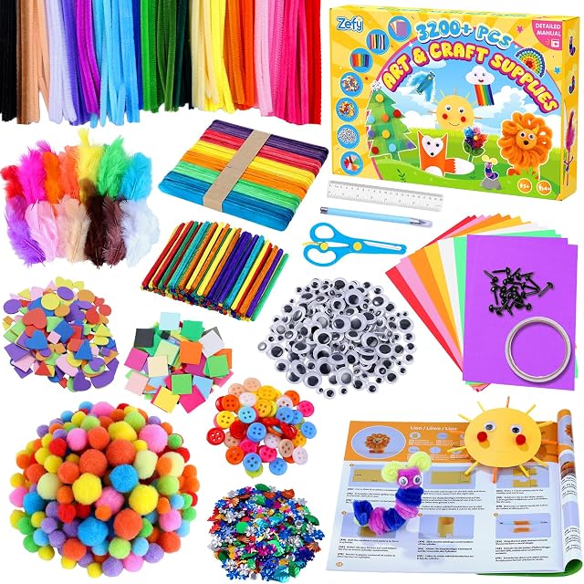 Zefy 3200+ Pcs Arts and Crafts Supplies for Kids, All in One Craft Kit with 12 Crafts Design, DIY School Supplies Kit Christmas Gift Craft Box for Girls Boys Ages 4-12