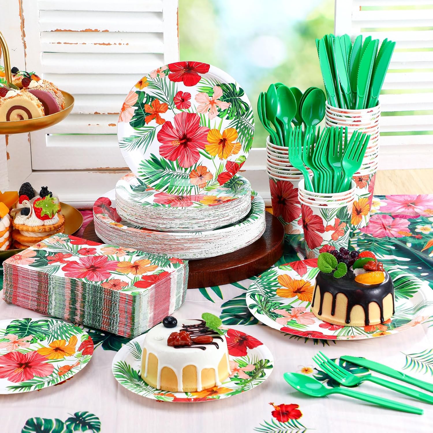 Havawish 402 Pcs Hawaiian Floral Paper Plates and Napkins Spring Summer Disposable Dinnerware Set for 50 Guests Flower Party Supplies Floral Plates Napkins Cups Tablecloths for Birthday Baby Shower