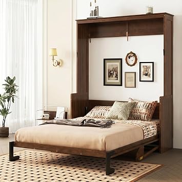 YOPTO Wood Murphy Bed Queen Size, Hidden Wall Bed with Gas Struts,Walnut
