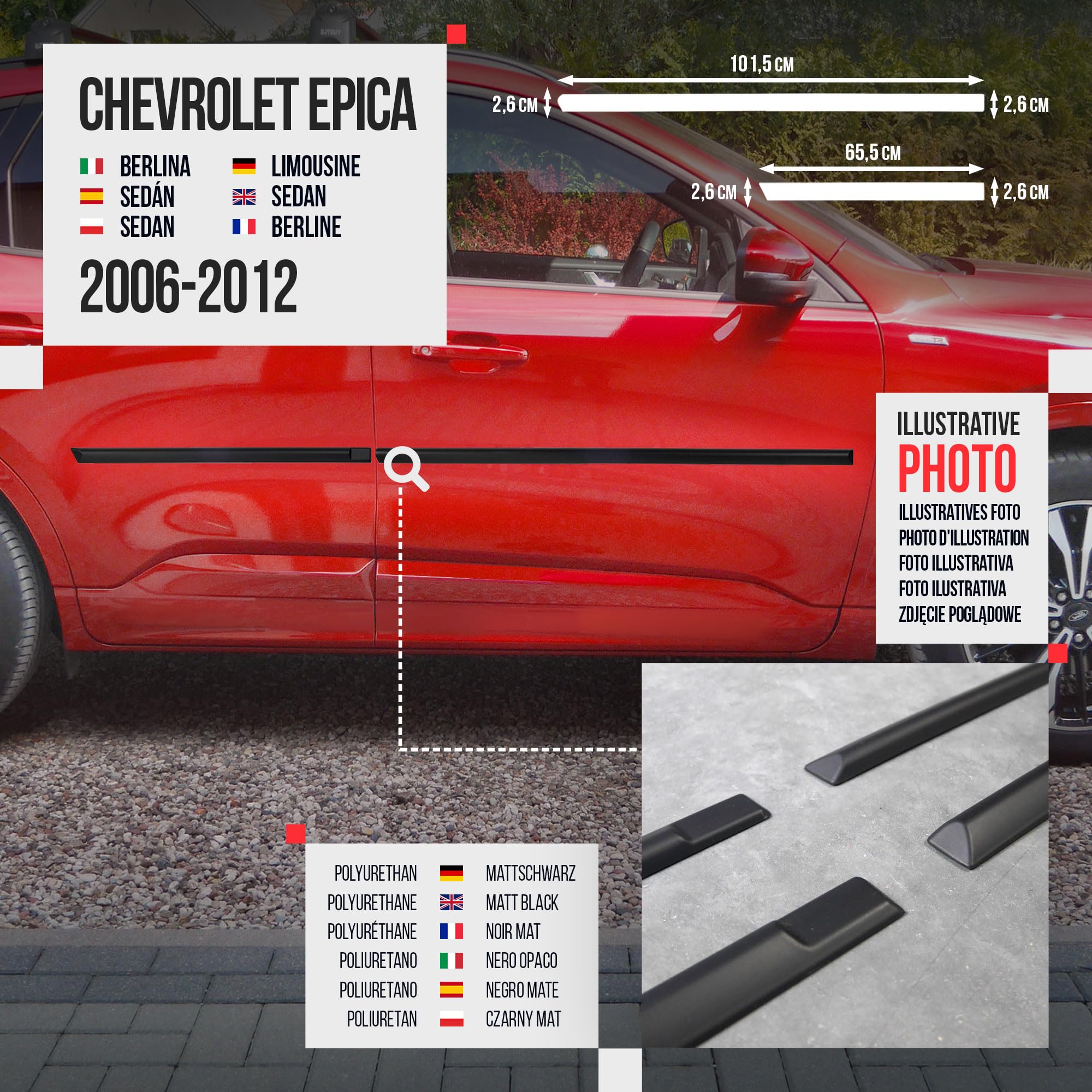 CHROMEMASTER | Listwy boczne drzwi | Kompatybilne z Chevrolet Epica Sedan 2006-2012 | Poliuretan, Kolor Czarny | Listwy Boczne Zabezpieczają Drzwi Samochodu Przed Uszkodzeniem