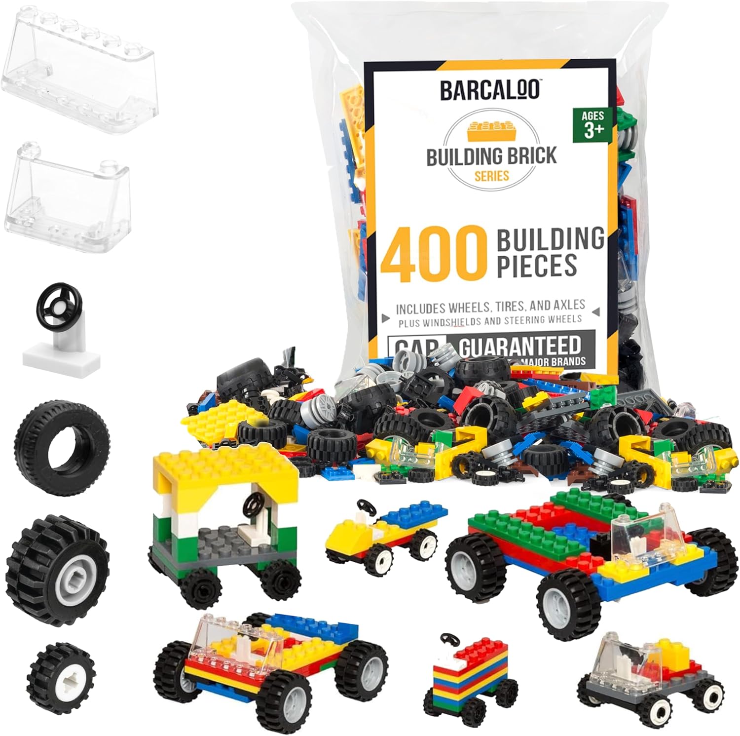 Barcaloo 400 Piece Wheels and Axles Sets, Building Bricks Car Parts and Pieces Kit - Car Building Set with Wheels, Axles & Windshields and Bonus Bricks