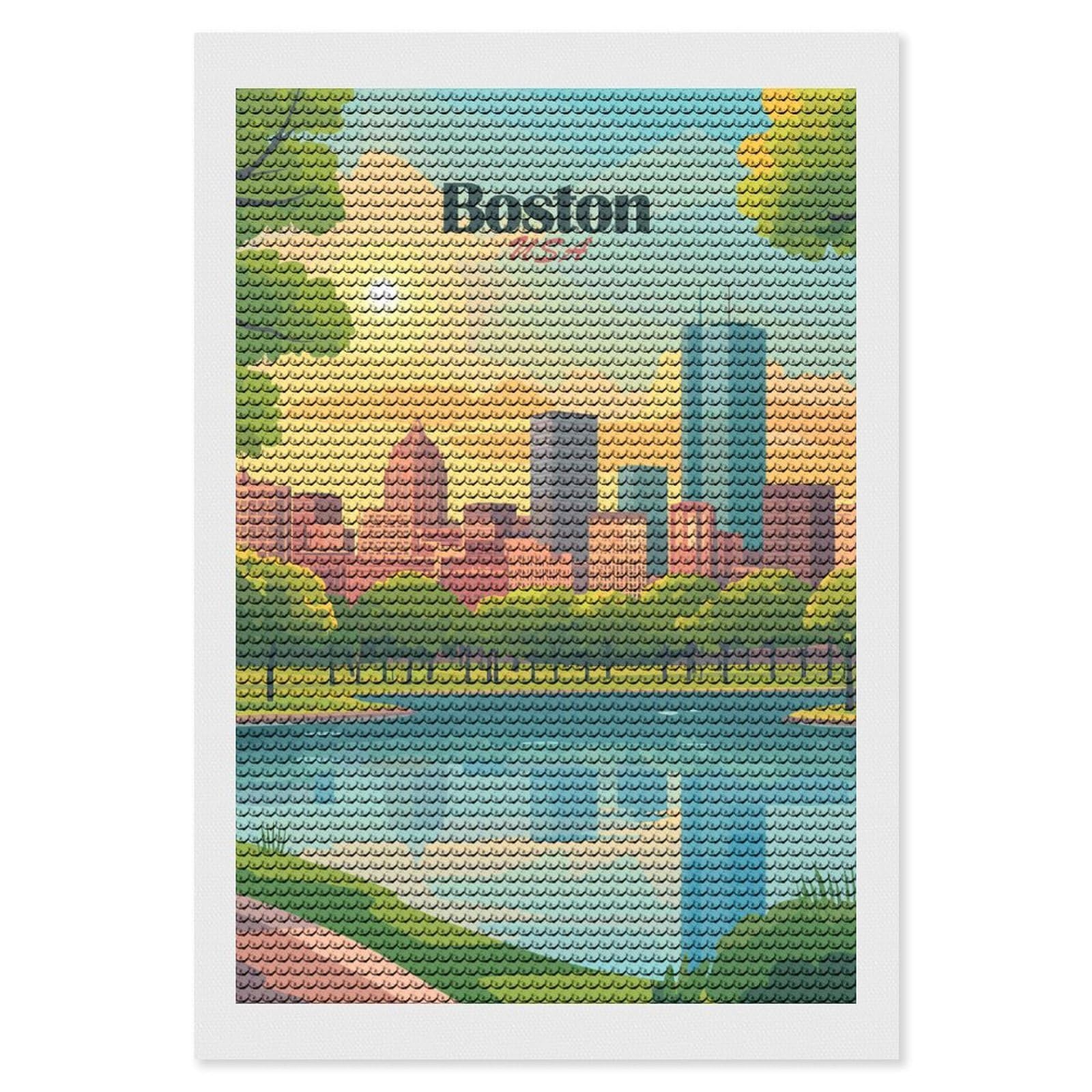 Junmoney Boston USA Cityscape Illustration(2) Diamond Painting Canvas Set 8"x12", for Adults, Bedroom Decor, Good for Quiet Evenings, Festive Craft Gift