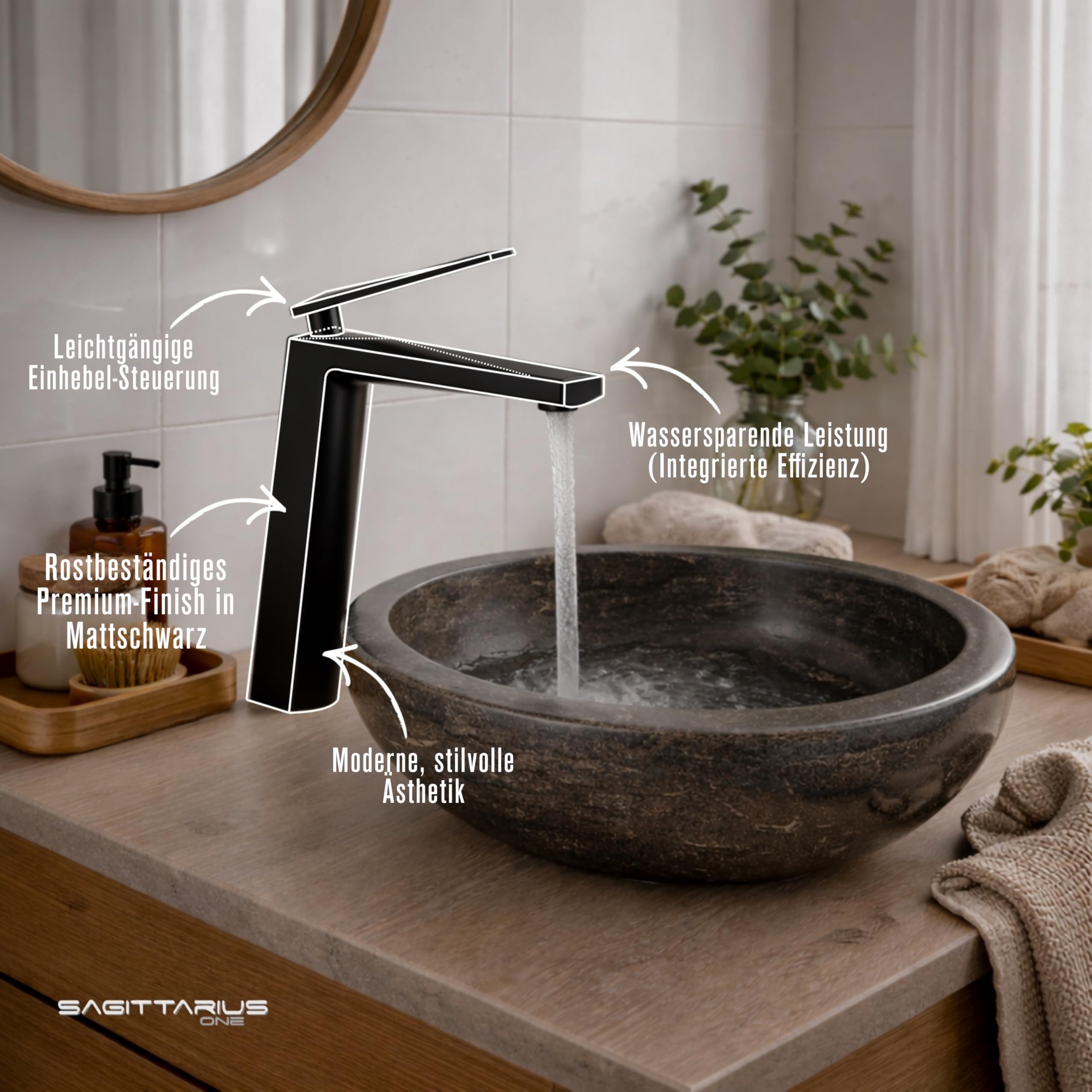 44S1-B Wasserhahn Bad Schwarz Matt | Design Waschtischarmatur Hoch aus Messing | Badezimmer Wasserhahn Wassersparend | Armatur Waschbecken mit Keramikkartusche | Badarmatur Schwarz | Design Waschtischarmatur Hoch Aus Messing, Badezimmer Wasserhahn, Schwar