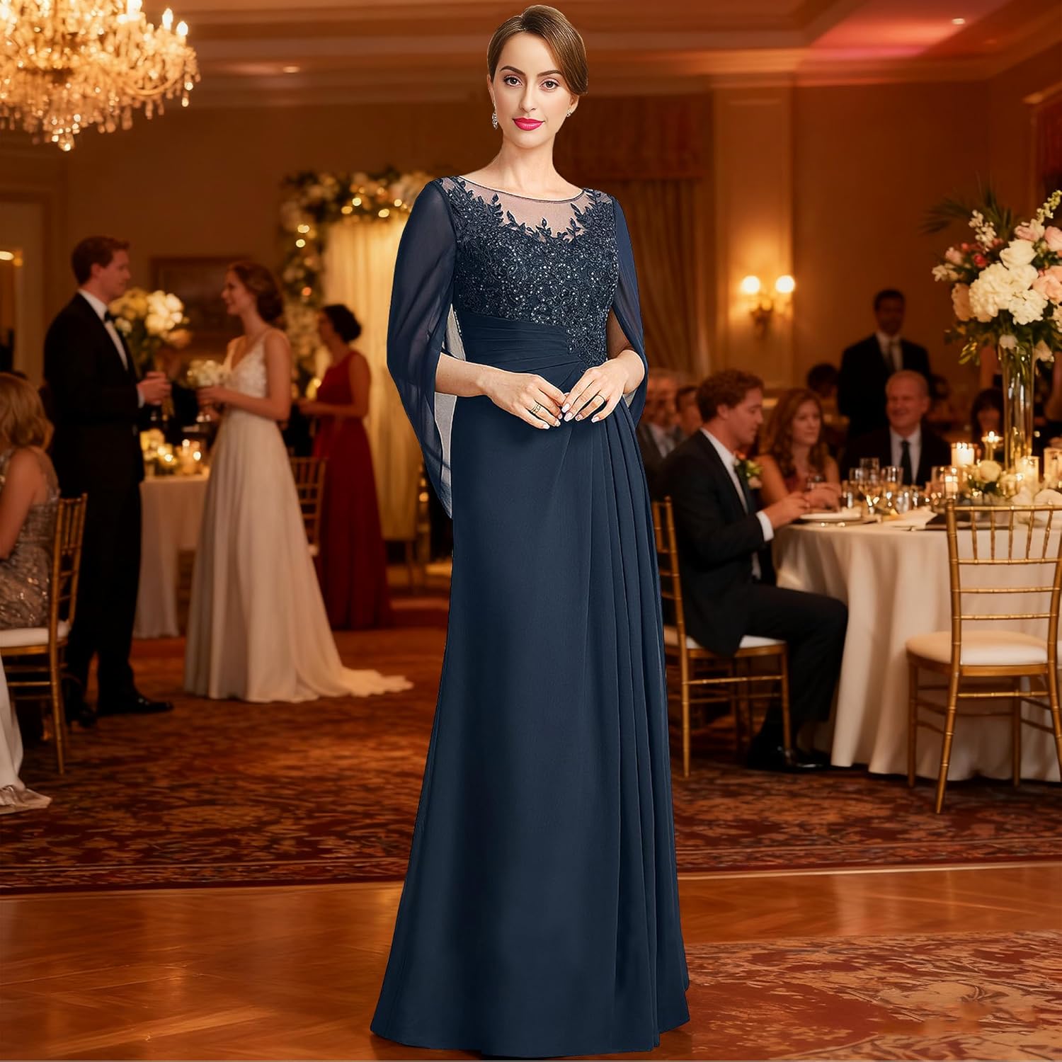 Mother of The Bride Dresses with Cape Sleeve Lace Chiffon Long Plus Size Formal Wedding Guest Dress - Image 2