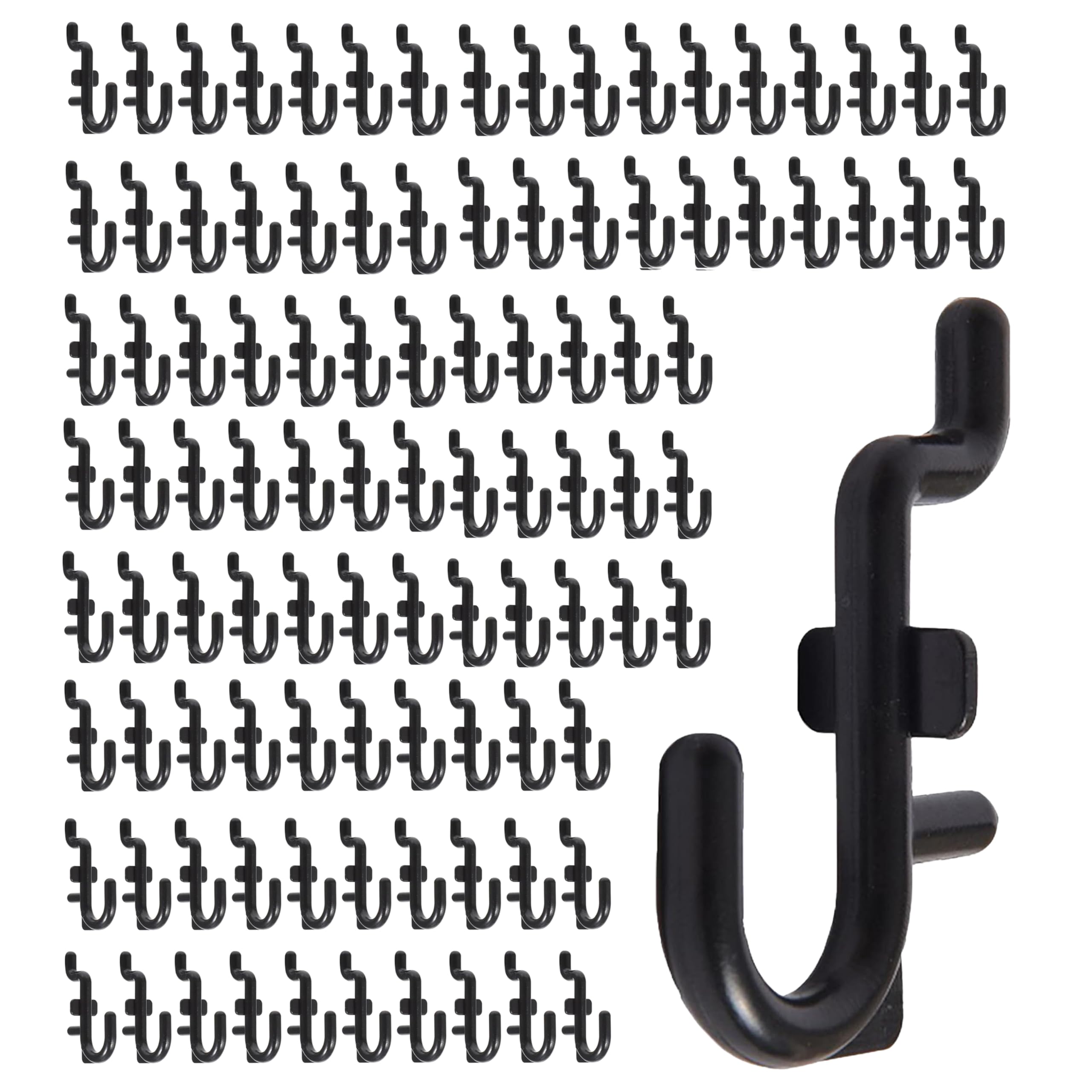 Tapeera 100-Pack Black J-Shaped Peg Hooks for 1/4 Inch Pegboard Hole Size - Pegboard Hooks for Jewelry Garage Tools Organizer Storage - Peg Board Hooks Assortment - Pegboard Accessories for Retail