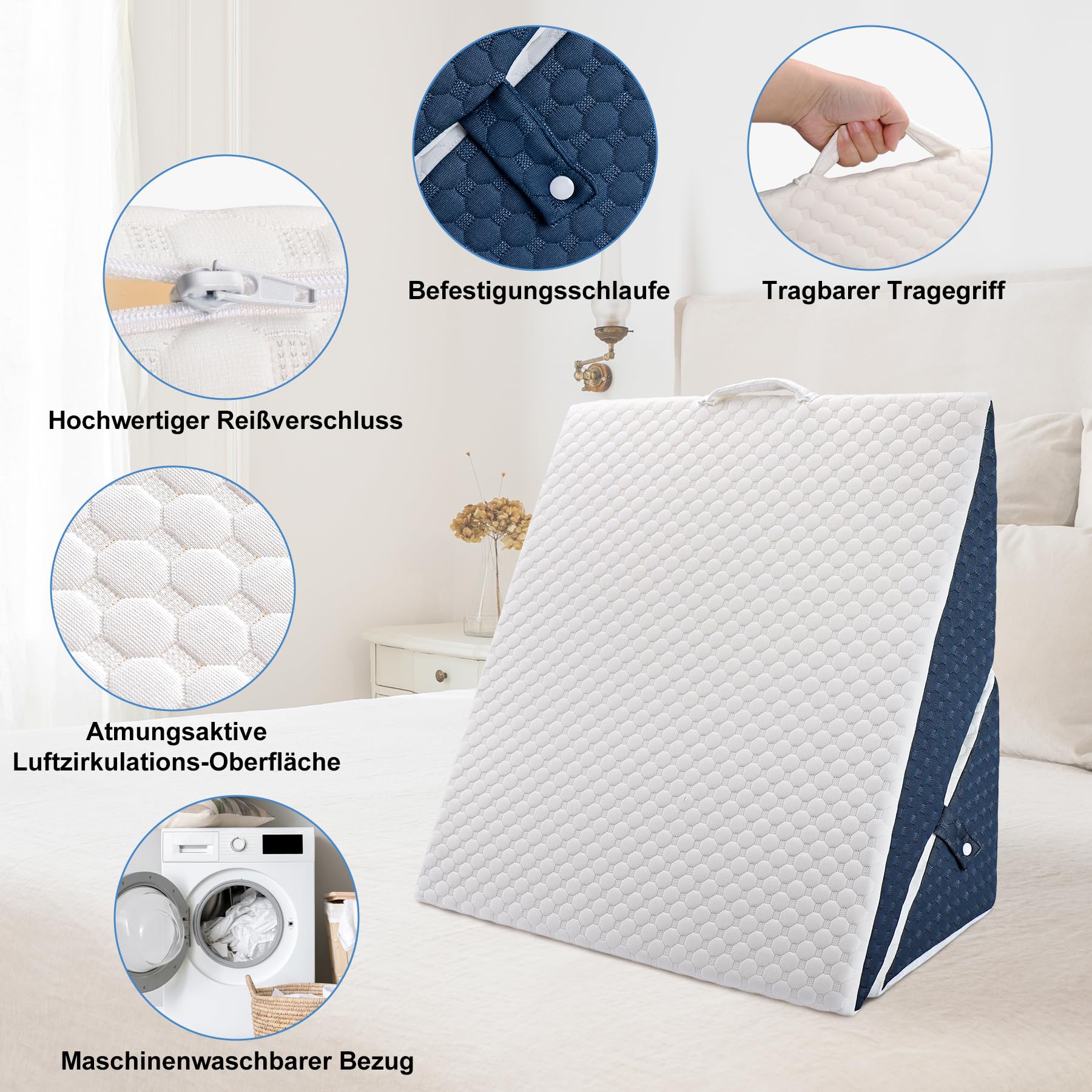 Verstellbares Keilkissen, Hochdichteschaum Lesekissen für Bett und Sofa, Ergonomisches Kopfkissen für Reflux Schlafapnoe, Beinkissen-Perfekt Rückenkissen beim Spielen, Lesen oder Fernsehen, Blau