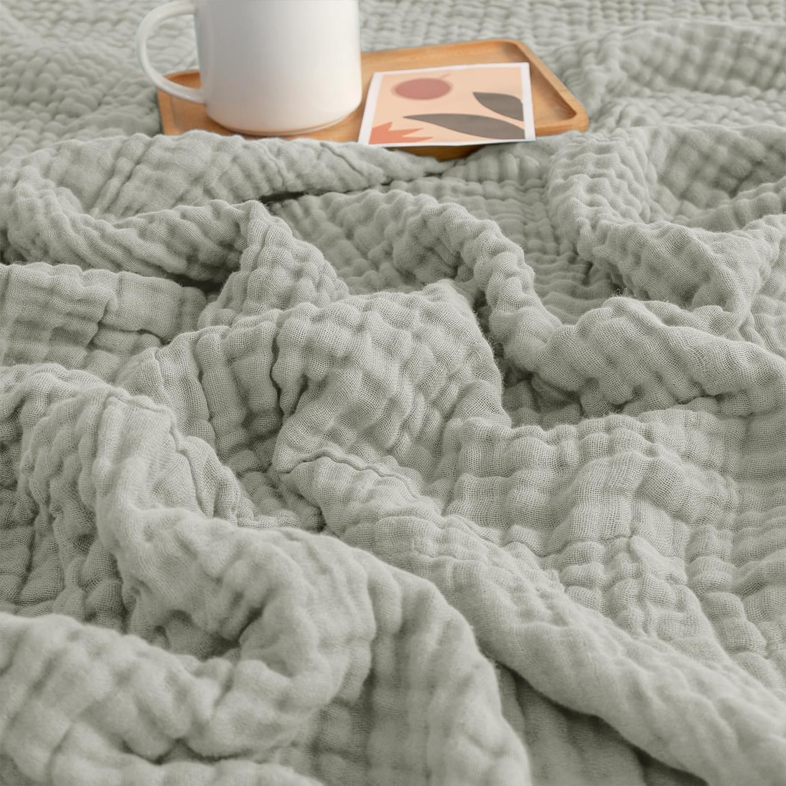 Couverture Gaze de Coton, 150 x 200 cm Plaid Coton Canapé, Couvertures 100 % Coton, Usage 4 Saisons, couvertures en Mousseline pour Adulte, Couverture Été pour Lit, Canapé, Jeté de Lit (Gris Clair)