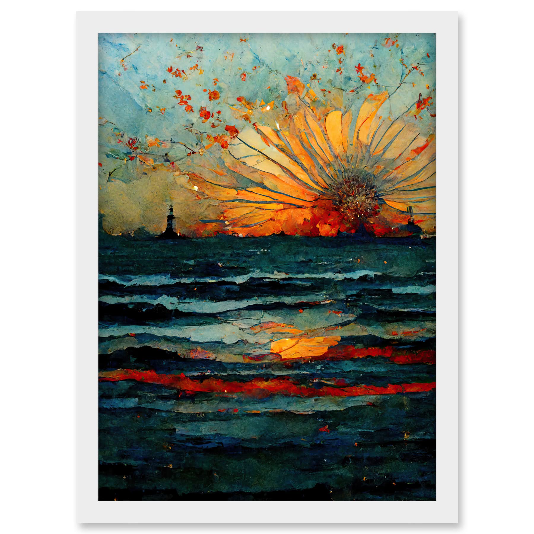 Artery8 Seascape Sunset Port City Waves Horizon Artwork Framed A3 Wall Art Print