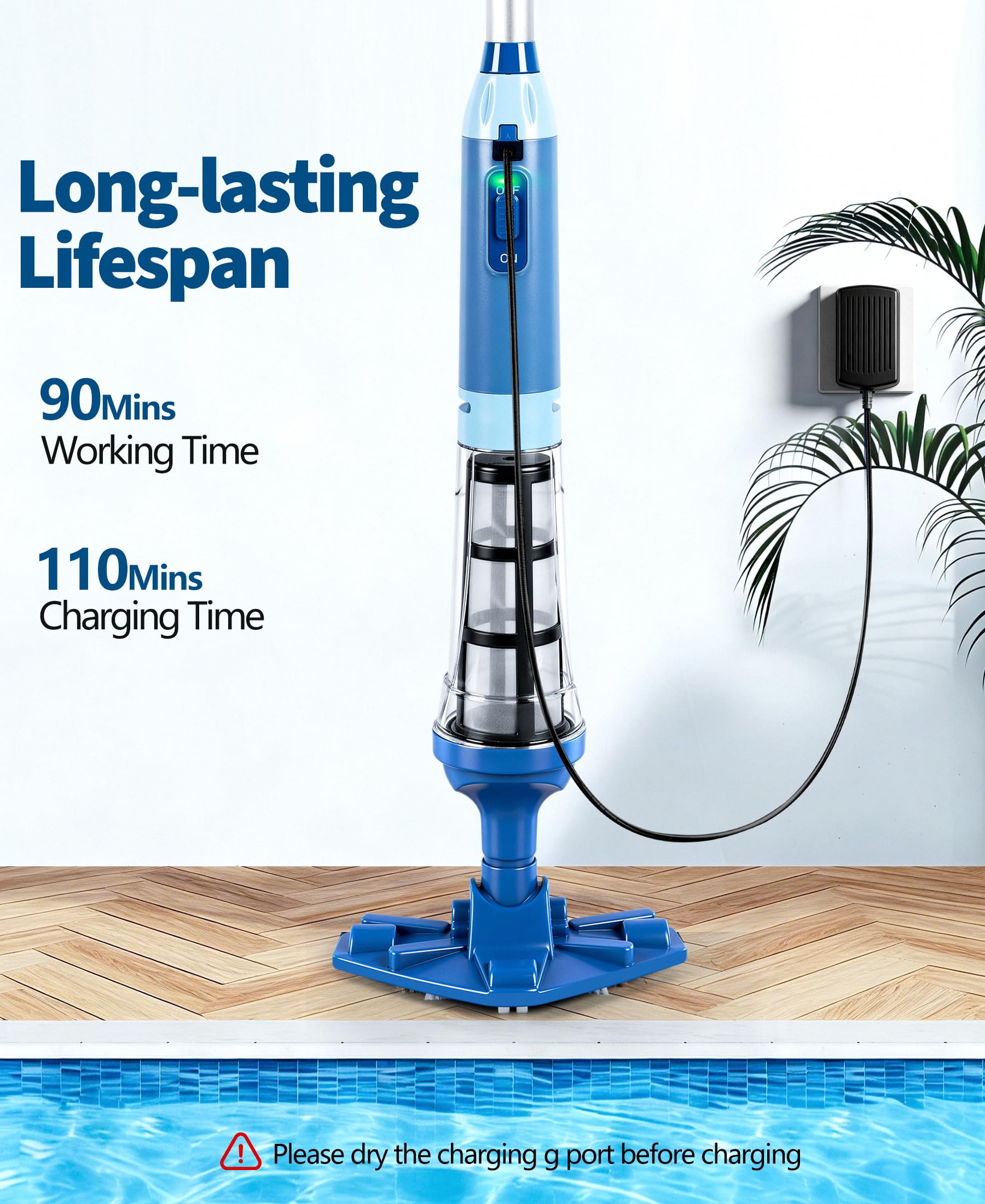 PoolLeader Aspirador Piscina Bateria, 60L/Min Aspiradora Piscina Sin Cable, Aspiradora Piscinas Manual con Sensor de Agua & 2 Cabezales Limpieza Extraíbles,Aspirador para Piscinas Hasta 90min Duración