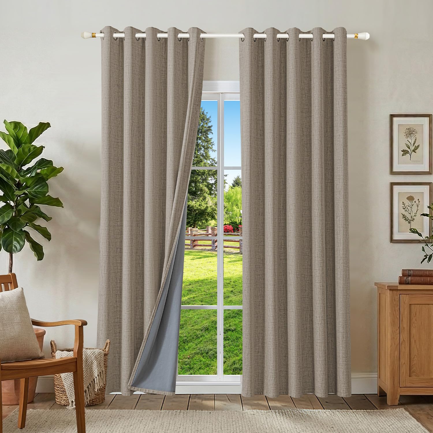 Runyéla 100% Blackout Linen Curtains Eyelet 66 x 72 Inch Drop for Living Room Bedroom Thermal Curtain 2 Panels Linen