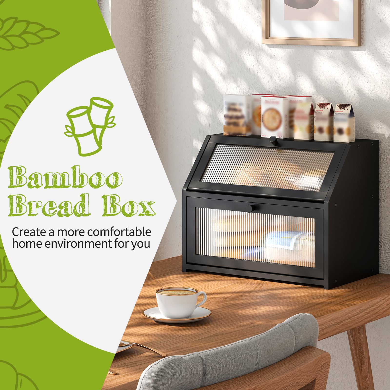 BMOSU Brotkasten für Küche, Brotaufbewahrung und Organizer, Bauernhaus, Arbeitsplatte, Brotbehälter mit Milchglasfenster, Brotbox, doppellagig, Bambus, Holz, schwarz), Selbstmontage