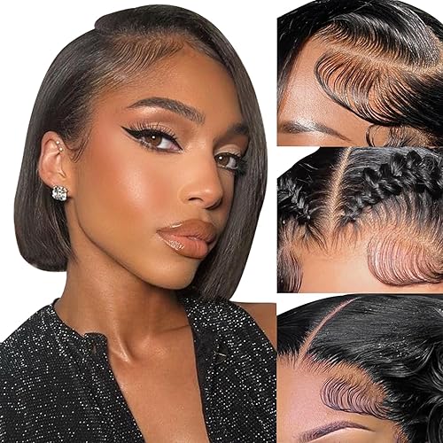 13x4 Bob Wig Human Hair 180% Density HD Transparent Lace Front Wigs Human Hair Short Bob Pre Plucked Straight Wigs Human Hair for Women Natural Black Color 10 Inch