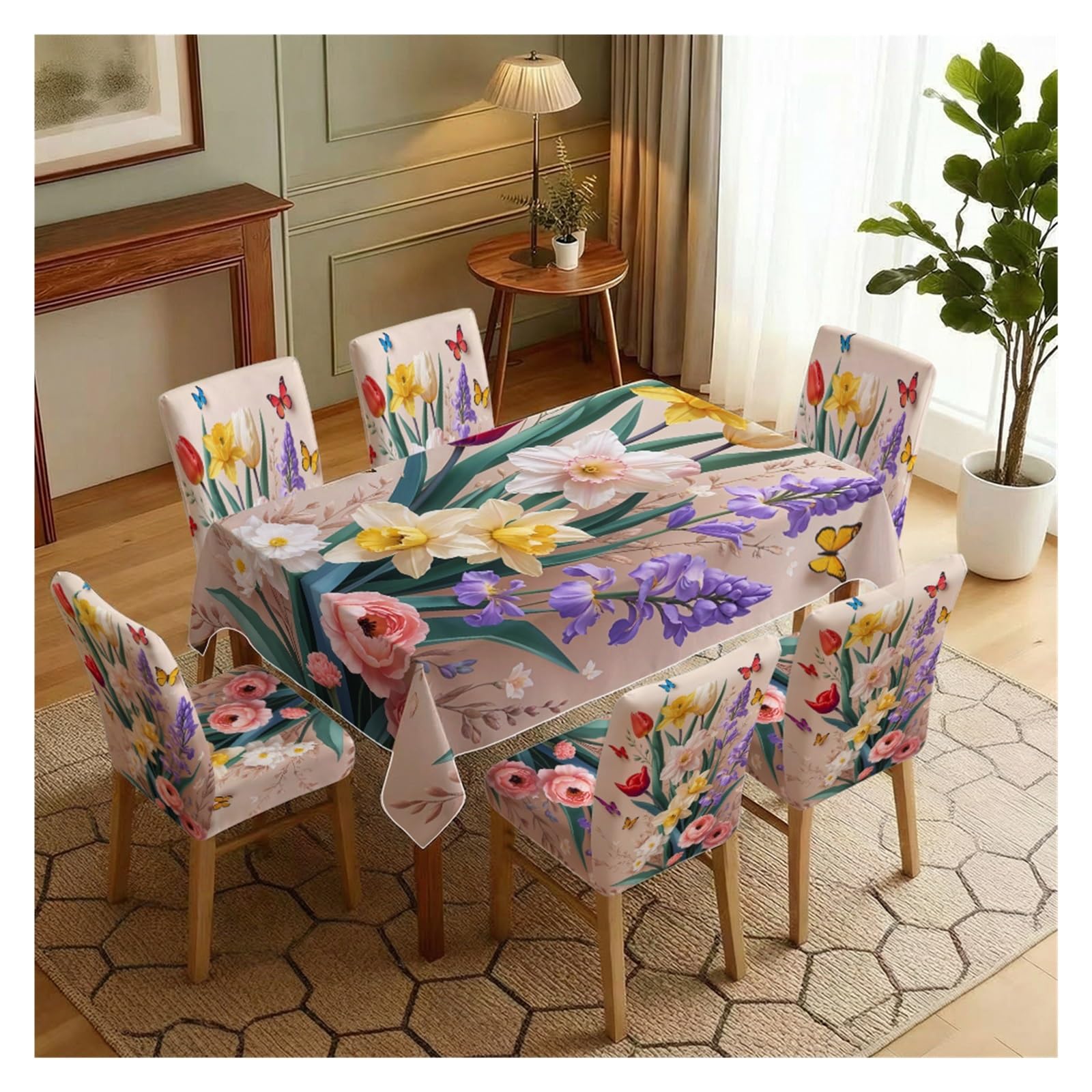 KXUAUV Stretch Dining Chair Slipcover & Tablecloth Set, Light Pink Spring Flower Butterfly Print, 5/7 Pack, Luxury Elegant Home Decor Party Decor(7pcs Set: Tablecloth+Chair Covers)
