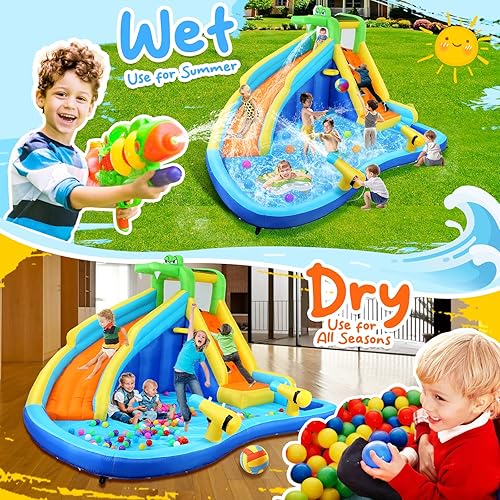 Miniatura 7 de Whubefy Toboganes acuáticos inflables para niños con soplador de 450 W, parque acuático inflable 6 en 1, tobogán acuático de 158 x 138 x 89 pulgadas