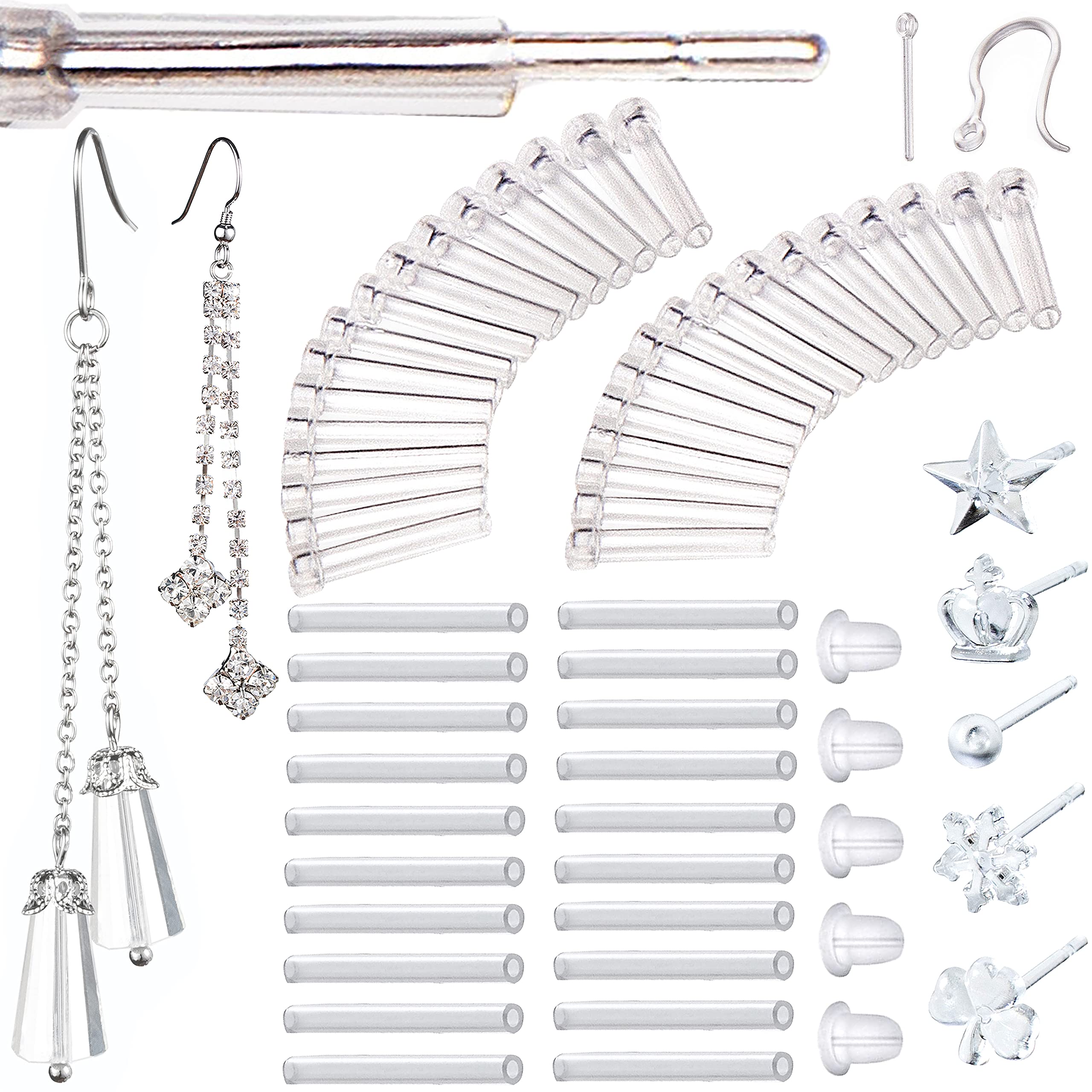 144 Pieces include Six Sizes of Silicone Anti-Allergy Sleeves Piercing Protectors & Zircon Drop Dangle & Large Hoop Earrings & Posts & Hooks & Backs for Sensitive Ears