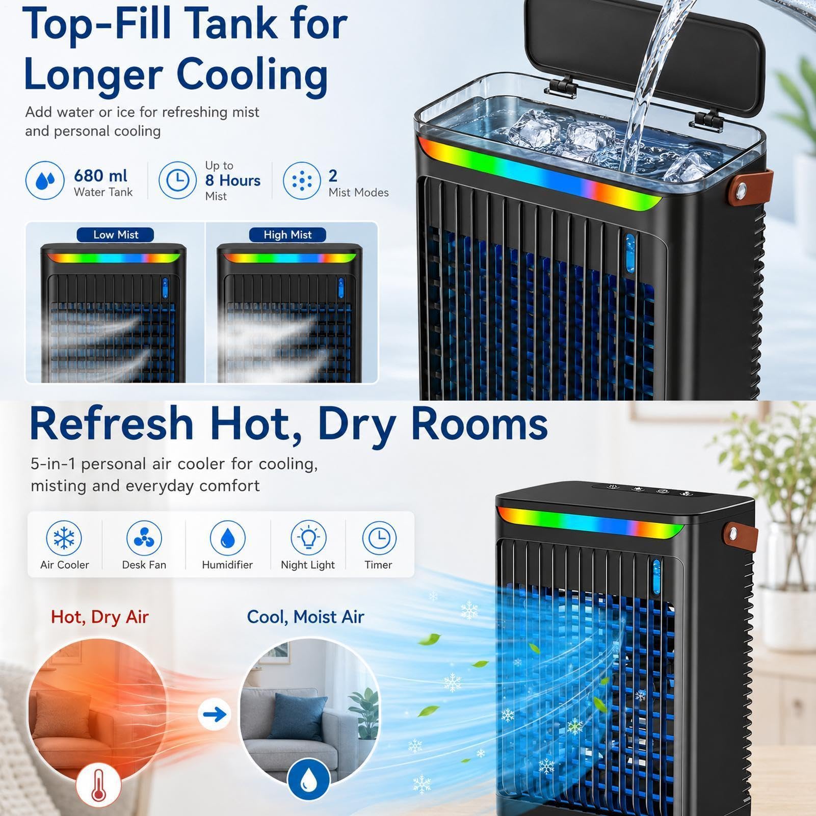 Ventilatore Nebulizzatore Ventilatore Da Tavolo A 6 Velocità Con Luce A 7 | Ventilatore Nebulizzatore Interno Con Serbatoio 800ml Per Auto Spiaggia Campeggio Camera Casa