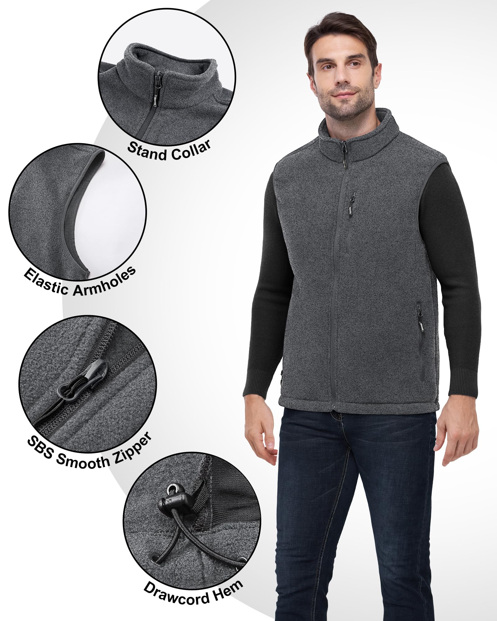 Outdoor Ventures Gilet in pile da uomo Full Zipp, caldo gilet da uomo, senza maniche, con 5 tasche, Atumngsaktivaktiven, per escursioni, campeggio