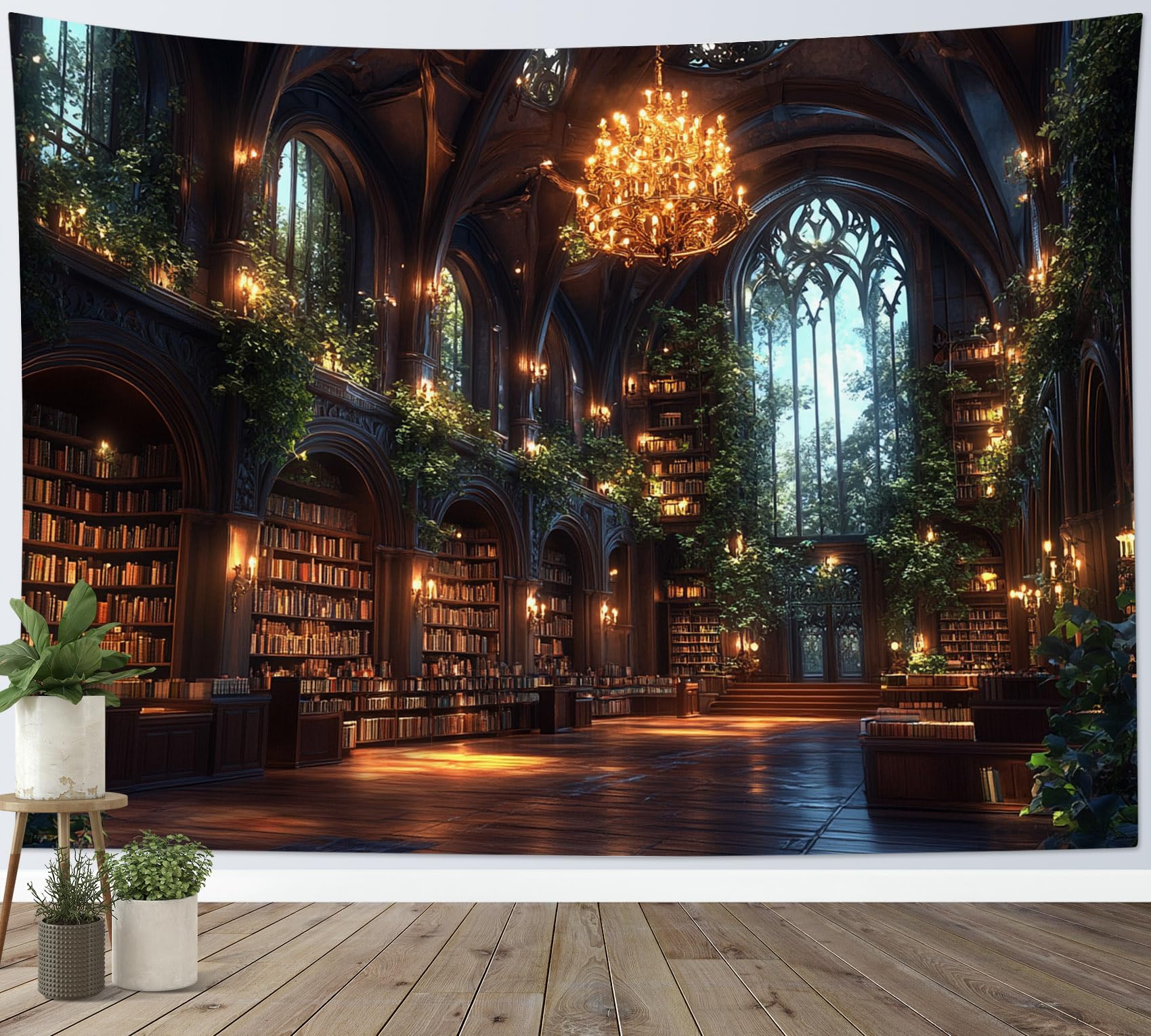 LB Vintage Library Tapestry Green Plants Gothic Bookshelf Tapestry Wall Hanging Magical College Tapestries for Living Room Bedroom Dorm Wall Decor,78x59 inch โ image 1