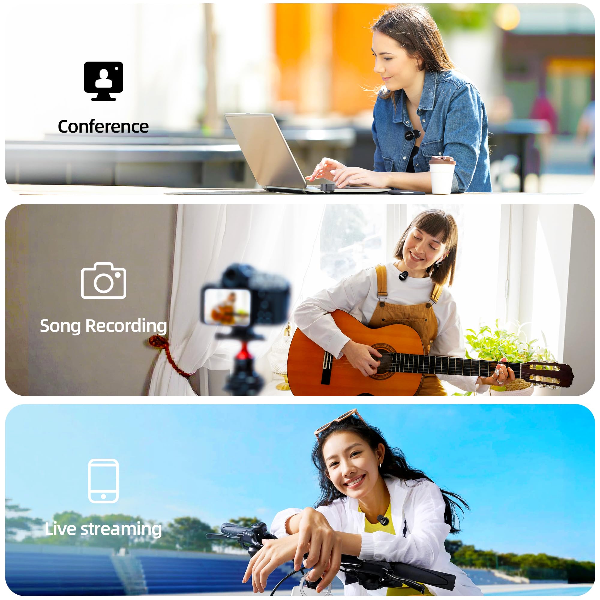 BOYA BOYALINK Lot de 3 mini microphones pour appareil photo/iPhone/Android, Lavalier sans fil avec IA, 30 heures d'autonomie, 300 m de portée pour Vlog, TikTok