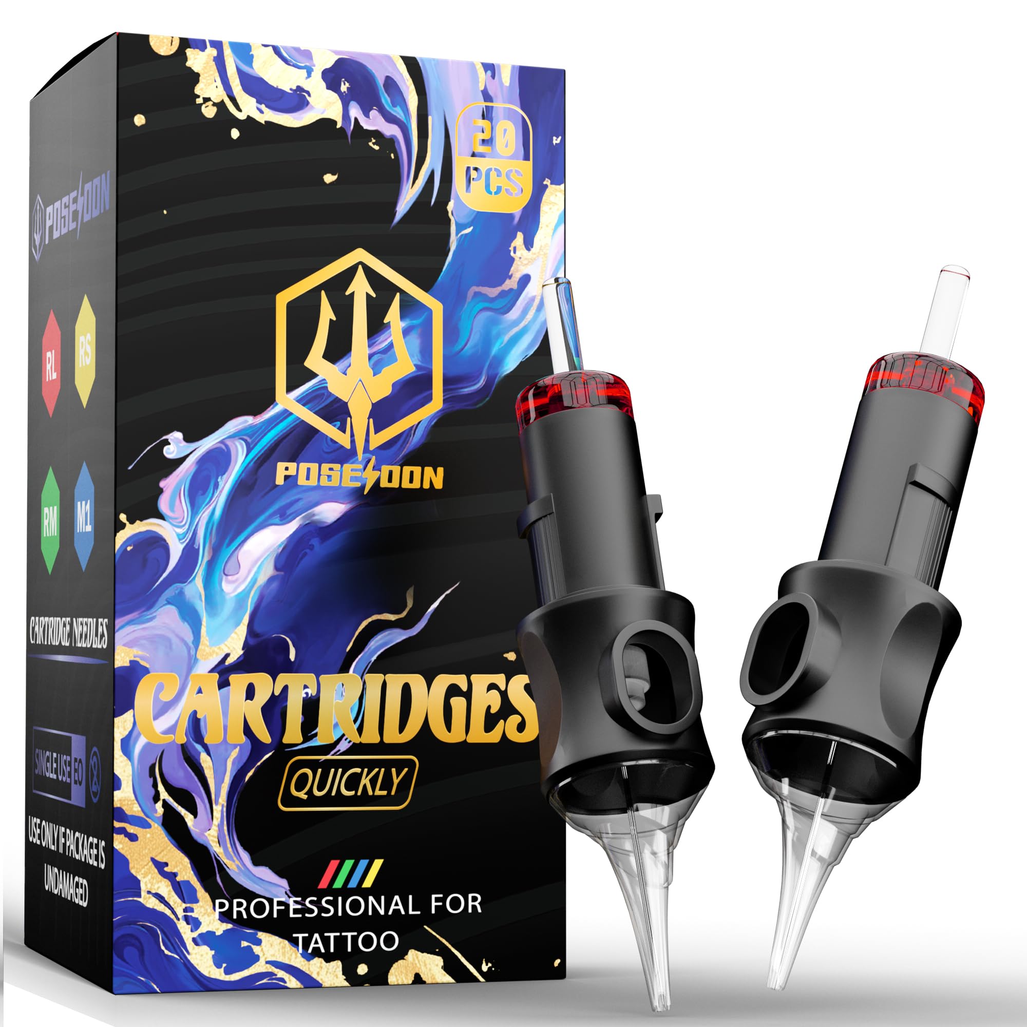 Poseidon Schwarz Professional Tattoo Needle Cartridges - Pack Of 20 7Rl Round Liner (No. 12), Stainless Steel With Ink Flow Membrane, Disposable & Suitable For All Tattoo Machines (1207Rl)