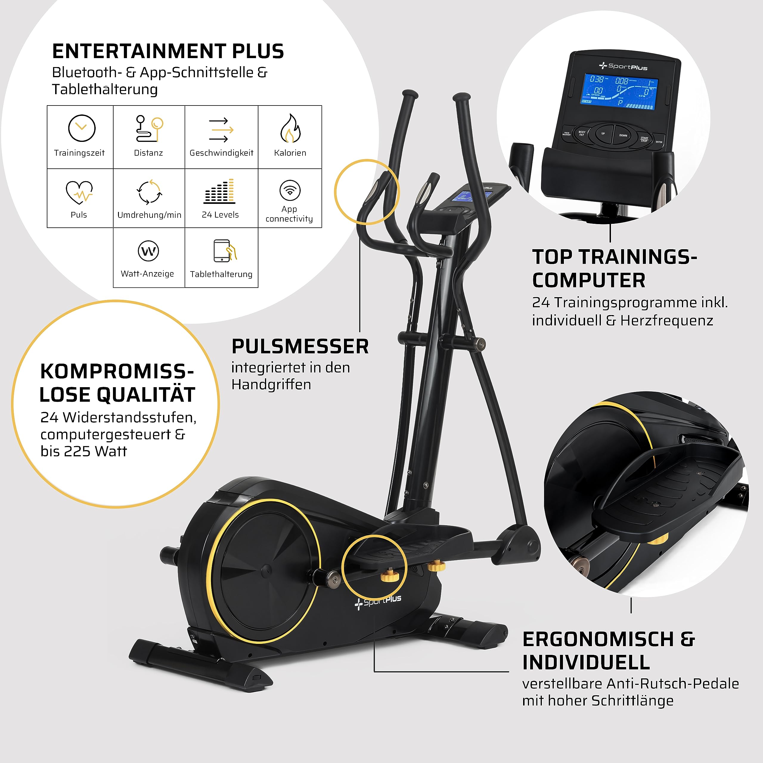 SportPlus Crosstrainer für zuhause - leiser Ellipsentrainer mit Magnetwiderstand und Trainingscomputer - platzsparend & gelenkschonend mit 24 Widerstandsstufen - Heimtrainer bis 150 kg belastbar
