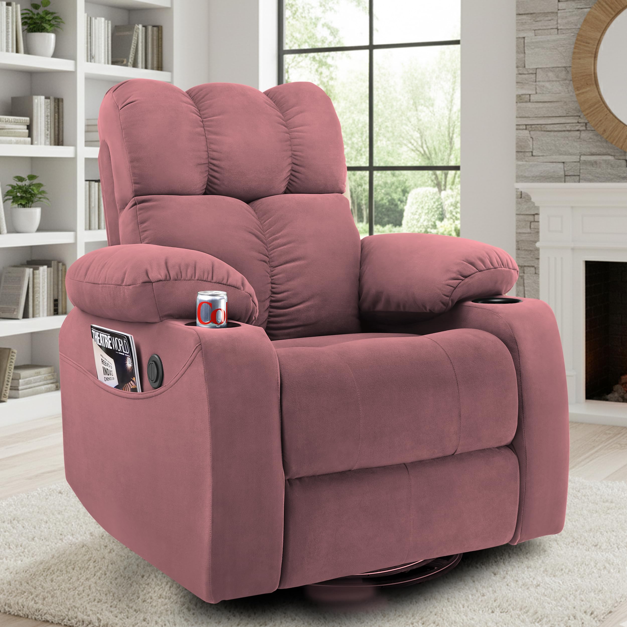 Little NAP Helios Motorized Recliner Sofa 1 Seater with Cup Holder & Side Pocket for Home | Premium 360° Swivel & Rocking | Recliner Chair for Home, Office, Living & Bed Room | Dusty Mauve-image-4