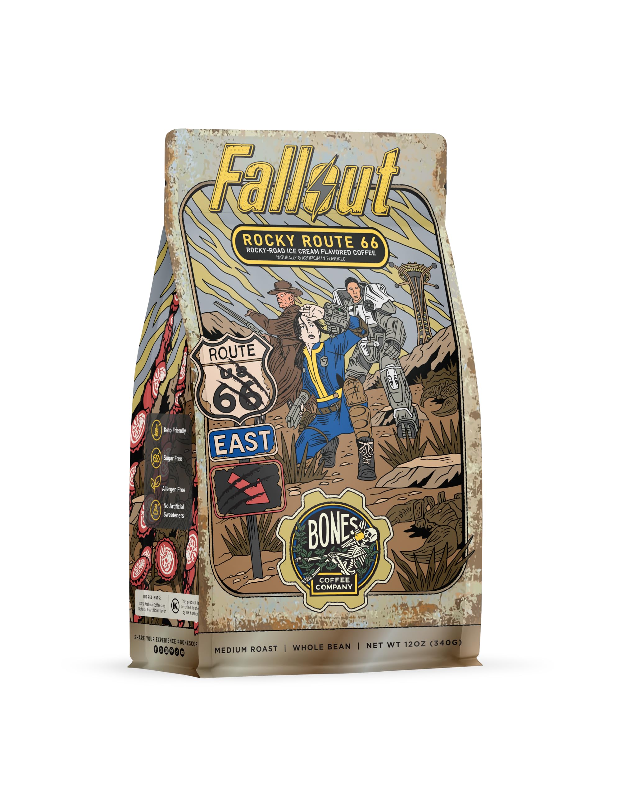 Bones Coffee Company Fallout Rocky Route 66, Rocky Road Flavored Coffee, Medium Roast Low Acid Arabica Beans Compatible with Auto drip and French
