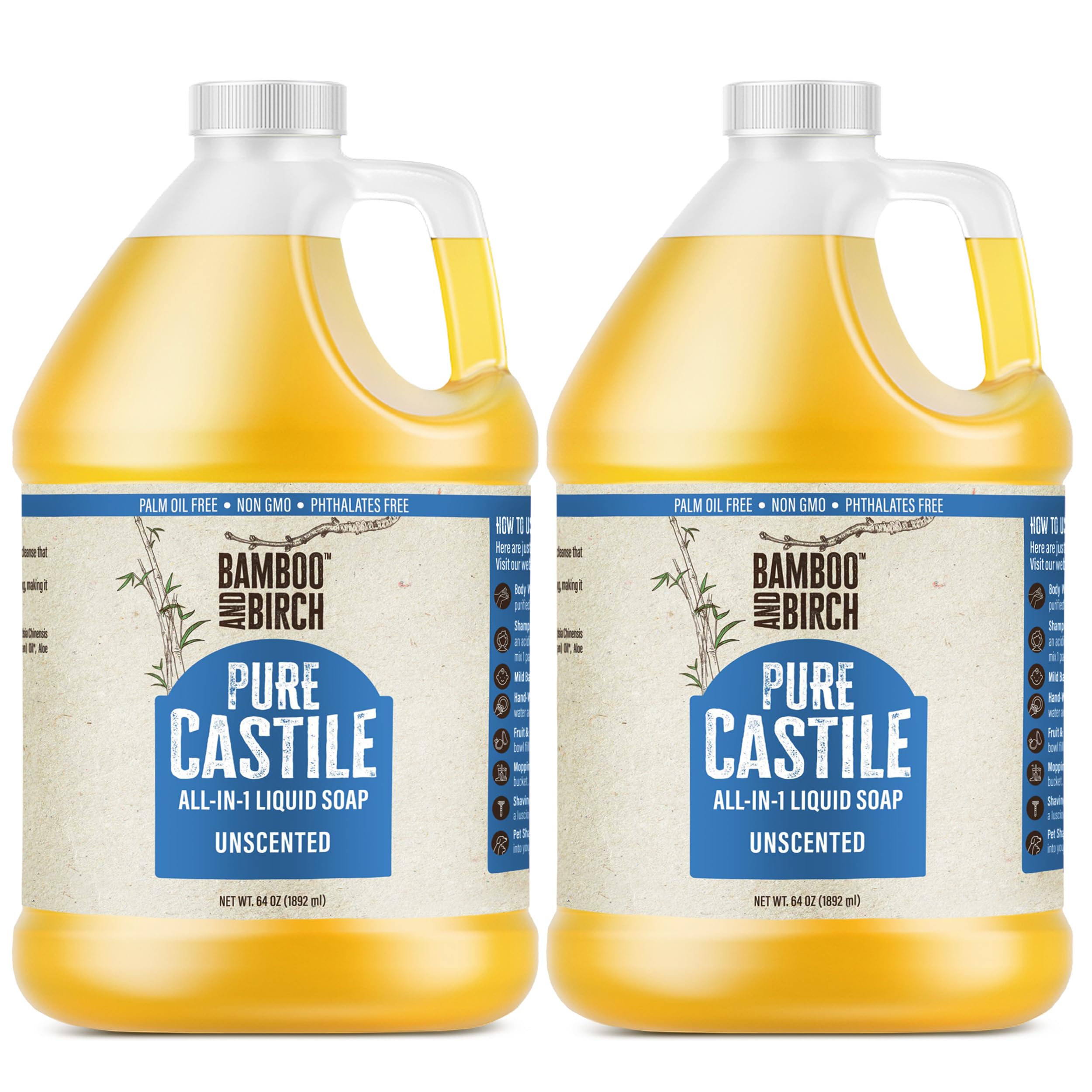 BAMBOO AND BIRCH Pure Castile Soap Liquid, Certified Palm Oil Free Natural Soap, Unscented, 1 Gallon