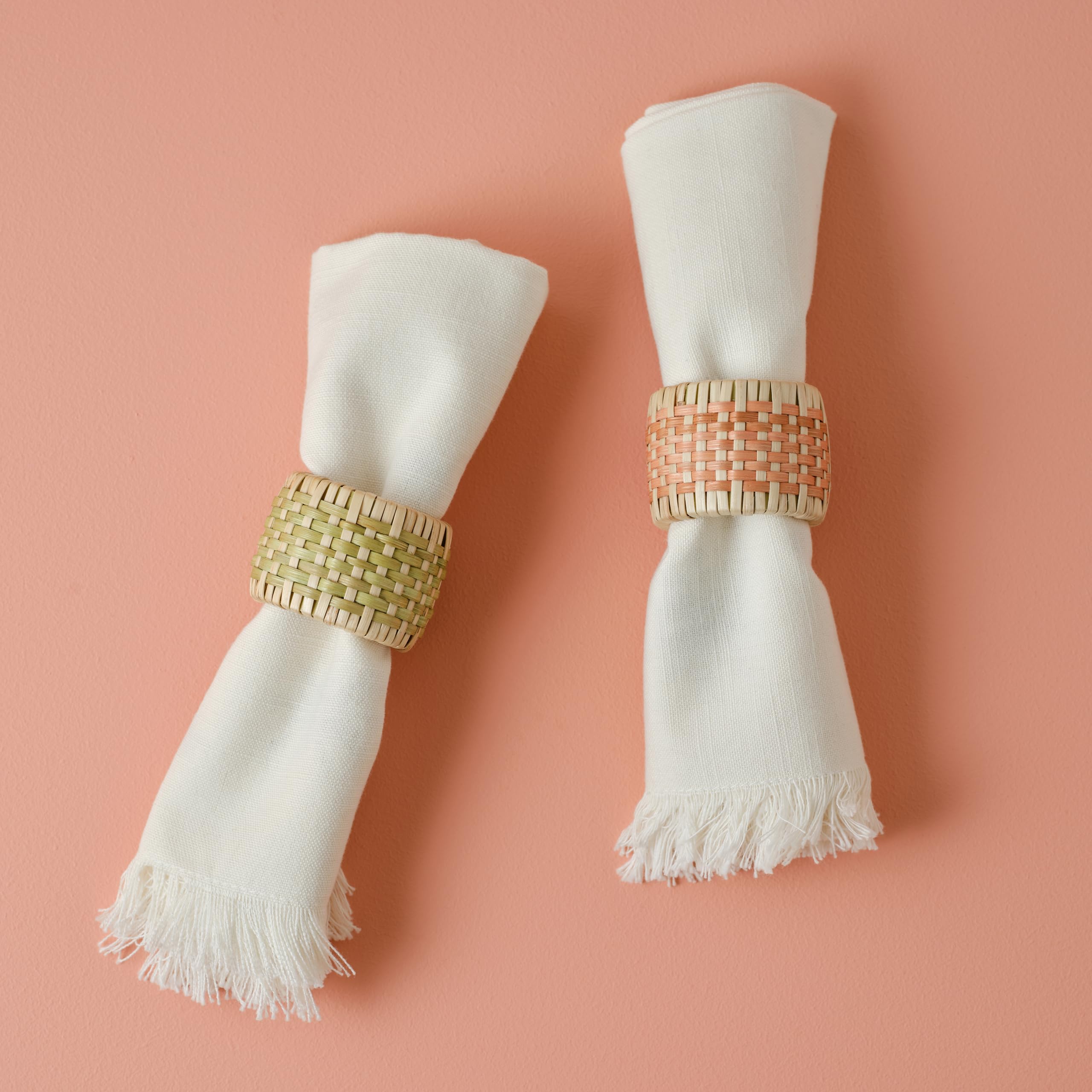 Rattan Napkin Rings Set of 2 – Natural Napkin Rings with Green & Orange Accents