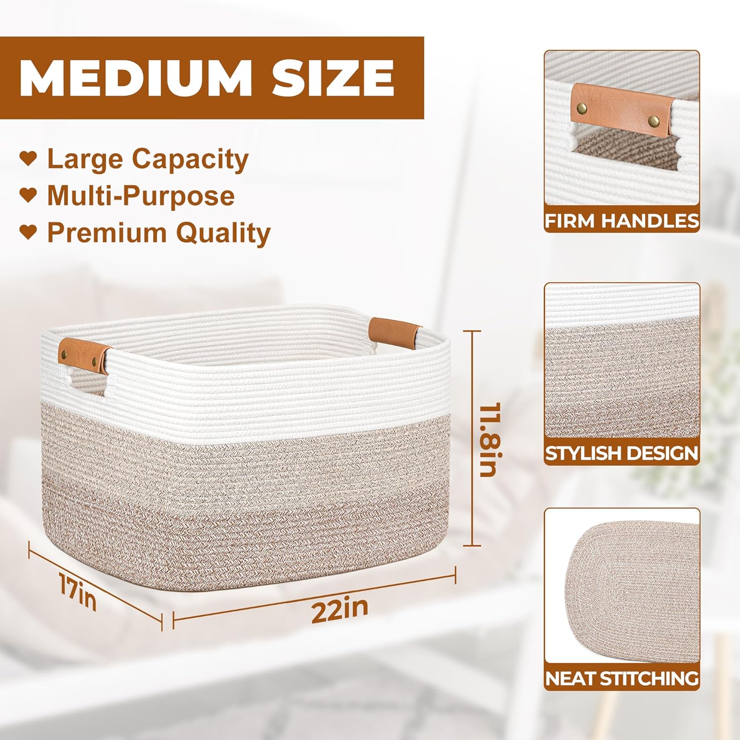 danpinera Large Woven Basket 72L+50L Rectangle Toy Storage Basket for Living Room, Nursery & Laundry, Large Cotton Rope Basket with Leather Handle, Gradient Gray&Brown