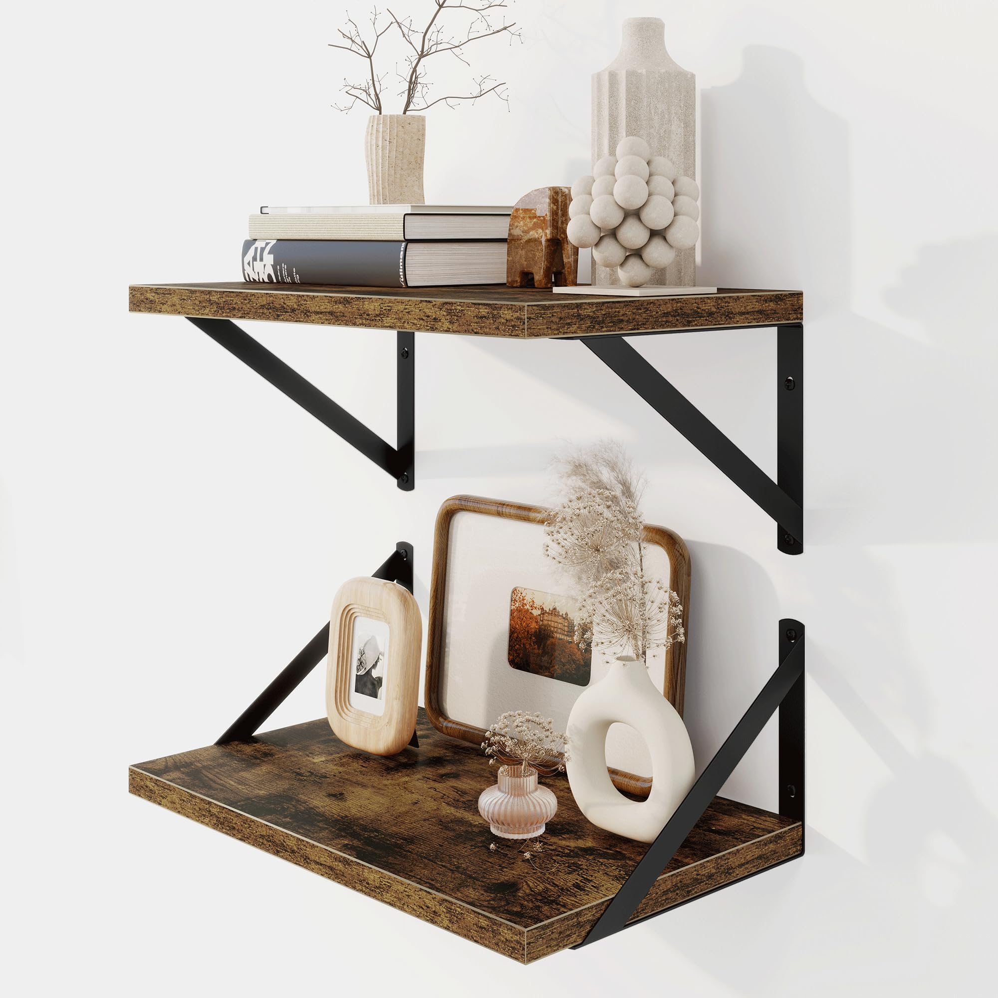 Fun Memories Floating Shelves, 40 x 20 CM, Set of 2 Wall-Mounted Shelves with Metal Brackets, Decorative Wall Shelf for Living Room, Bedroom, Bathroom (Brown) โ image 1