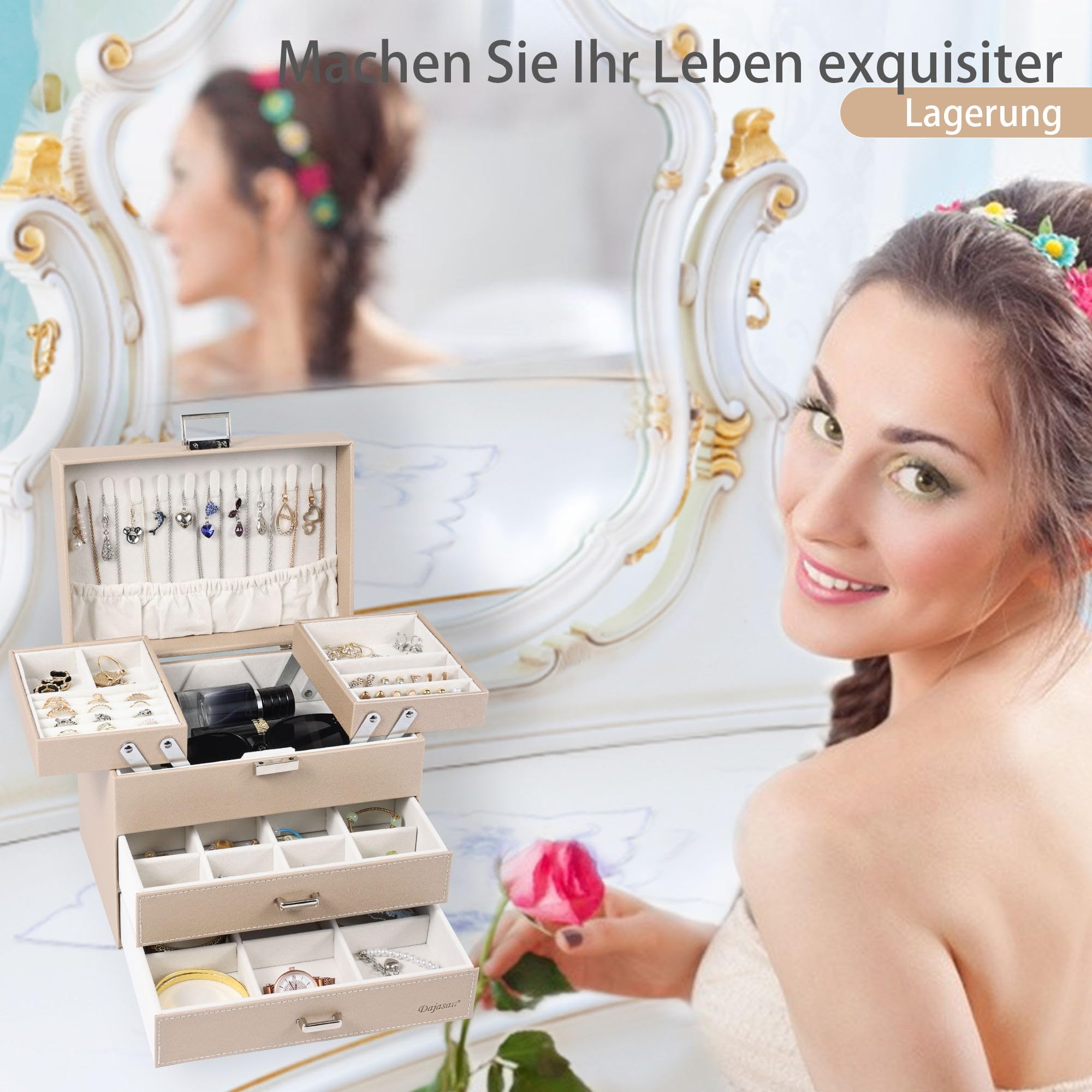 Dajasan Schmuckkästchen, Schmuckaufbewahrung, 4 Ebenen Schmuckschatulle mit 2 Schubladen, Groß Schmuckbox für Schminktisch, Modern, Geschenk für Frauen & Mädchen (Champagnerfarbe)