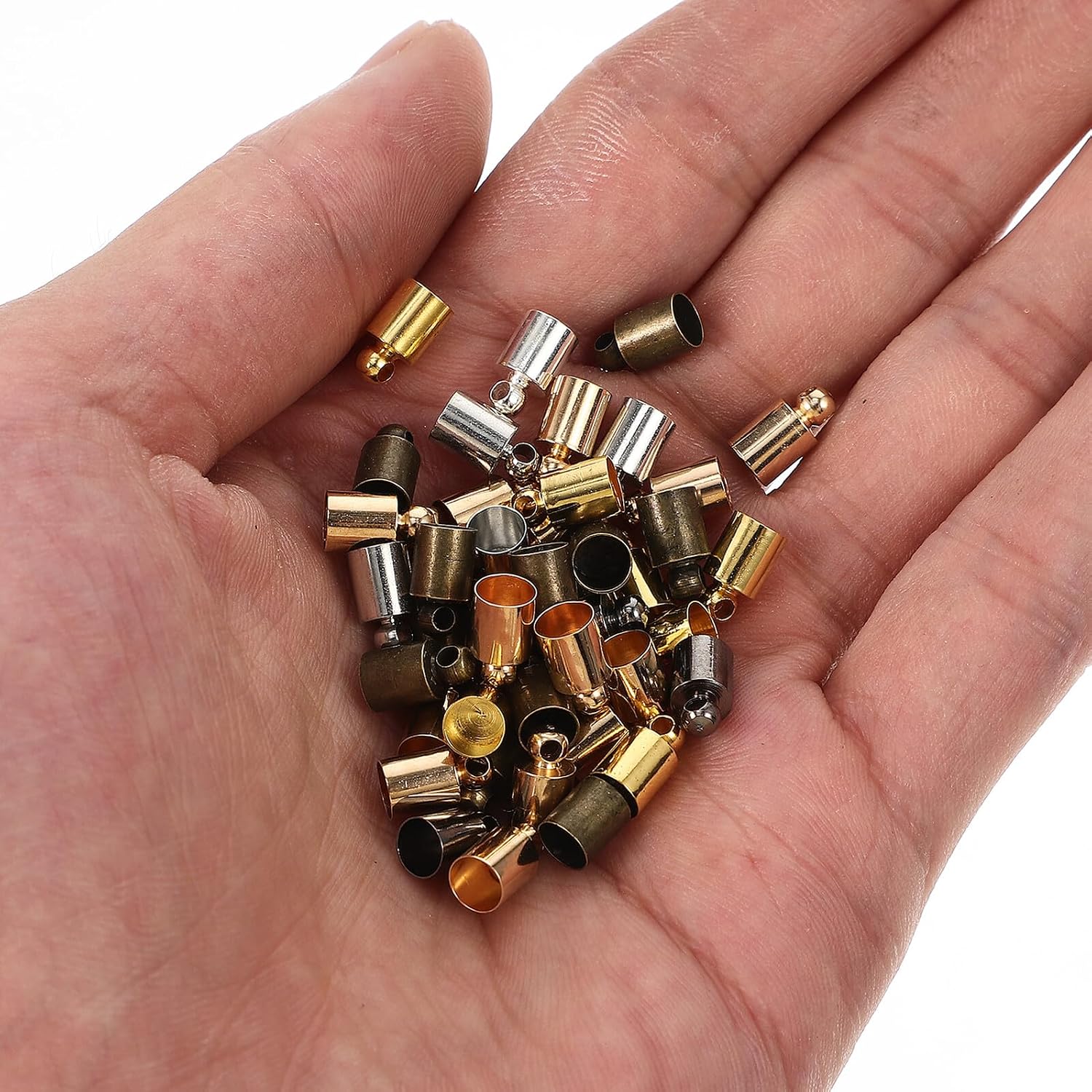 100pcs Mixed Color Mini Tassel Cord End Caps Copper Metal Stopper with Ring for DIY Jewelry Making Necklace Bracelet Craft Supplies