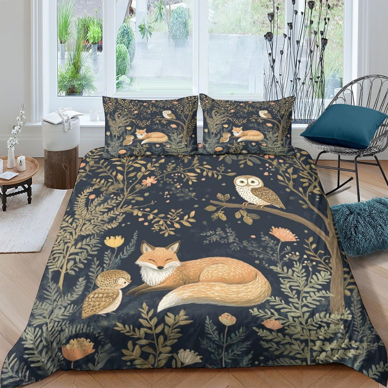 Ctjqhvkz Style-10 3D Printed Forest Fox Fitted Sheet Microfiber Soft Woodland Owl Mattress Cover For Bedroom Guest Room Decor Single（135X200cm）