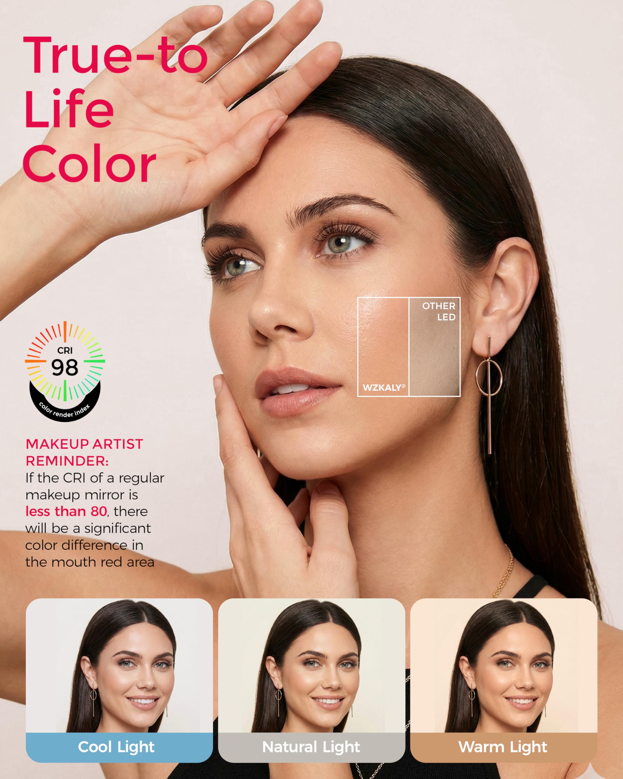 Espejo de maquillaje recargable montado en la pared con luces, 4000 mAh, doble cara, 1X/10X, espejo de tocador con 3 luces de color, regulable al tacto, brazo plegable de extensión de 360°