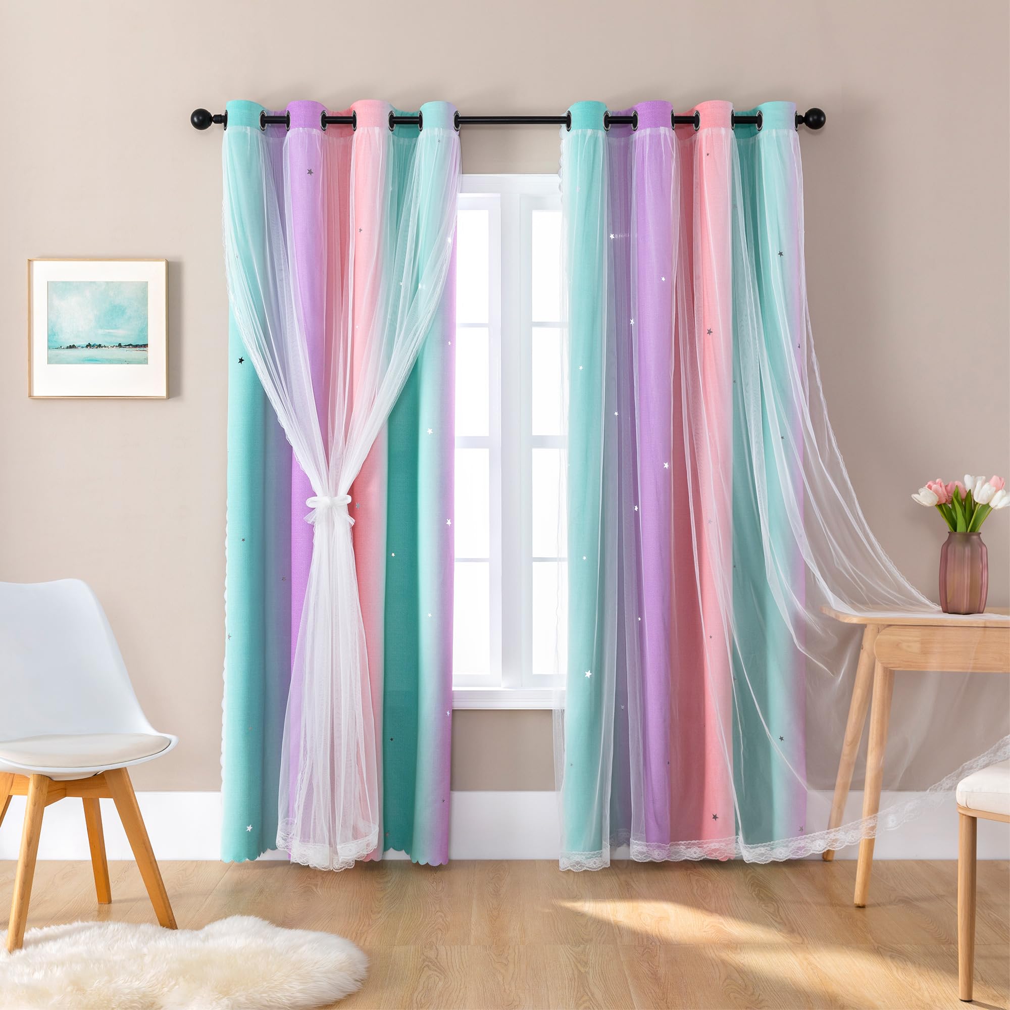 XiDi Curtains for Bedroom Decor, Kids Room Curtains for Girls Rainbow Colour, Pink Purple Green 52/120/1 — image 1