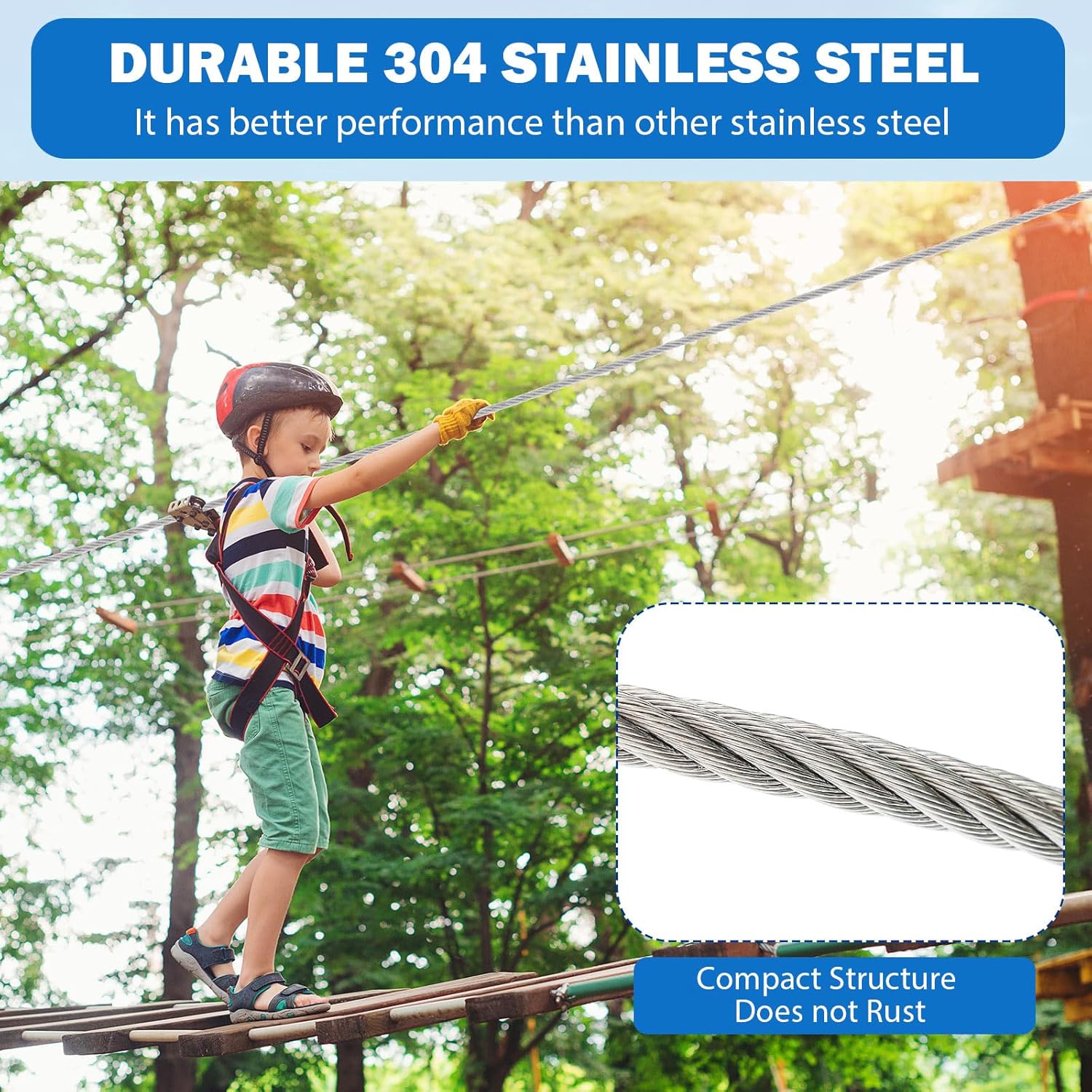 Blulu 1/4 304 Stainless Steel Cable, 300ft Wire Rope with Wire Rope Clamps and Thimble, 6400lbs Breaking Strength, 7x19 Strands Aircraft Cable for Yard Zipline, Deck Railing, Boat Lifts